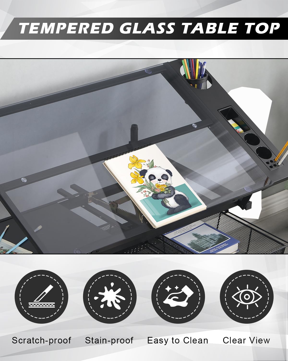 LifeSky Adjustable Drafting Table for Artists & Designers - Professional Drawing Desk with Storage Drawers & Glass Surface - Perfect for Painting, Sketching & Illustration Work - Ideal Home & Studio Art Furniture for Painters, Illustrators & Cartoonists