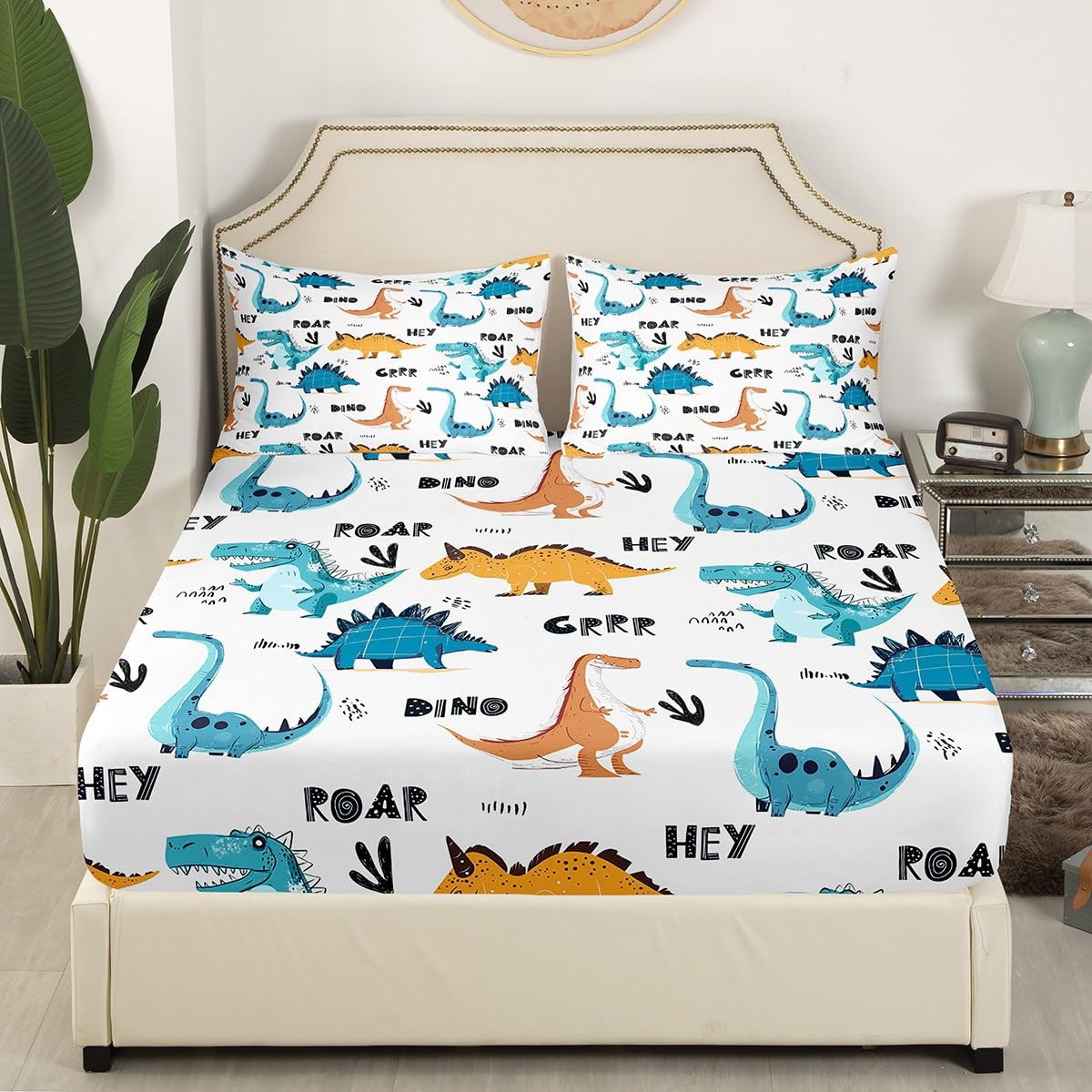 Dinosaur Fitted Sheet Set - Cute Cartoon Dinosaur Bedding for Kids, Boys & Girls - Kawaii Animal Print Deep Pocket Queen Size Sheets - Perfect for Kids' Rooms, Dinosaur Themed Bedrooms & Nursery Decor