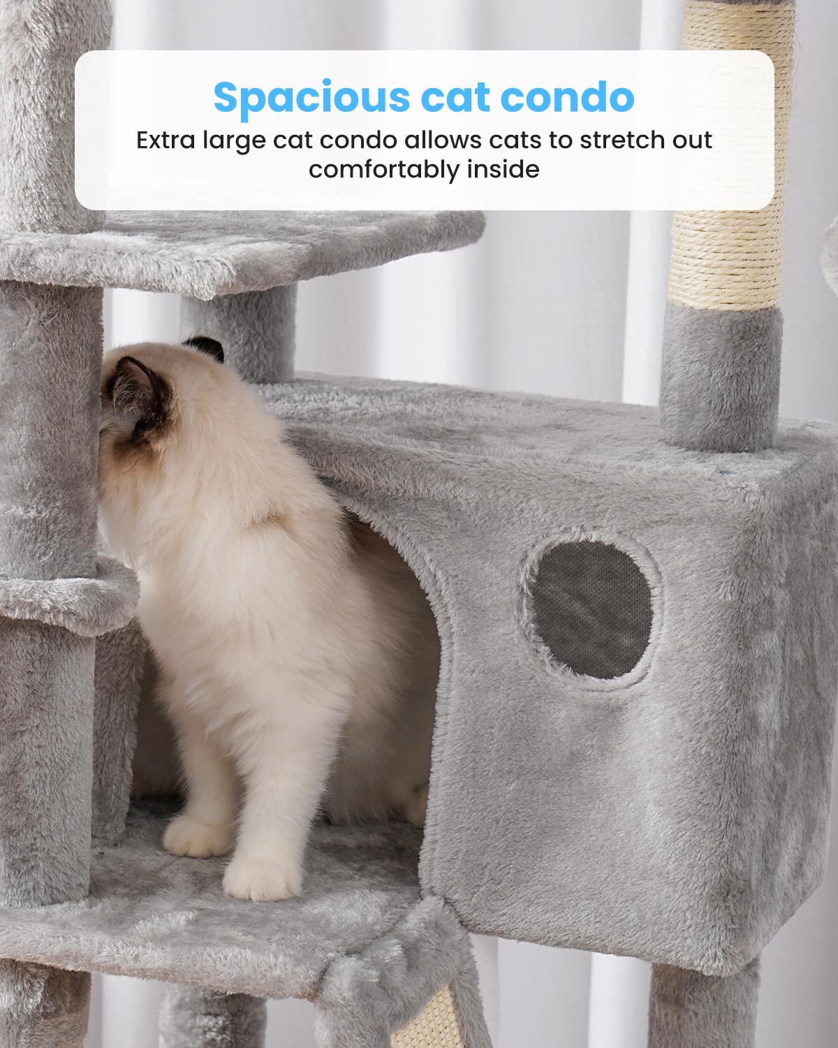 Hey-brother 53 Inch Cat Tree for Indoor Cats - Multi-Level Cat Tower with Cozy Condo, Padded Platform Bed, Hammocks, Sisal Scratching Posts & Toy Balls (Light Gray) - Perfect for Play, Rest & Climbing in Living Rooms & Bedrooms