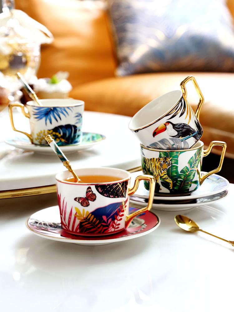 Elegant Porcelain Tea Cups and Saucers Set with Jungle Toucan Pattern, Gold Trim Coffee Mugs - Perfect for Afternoon Tea, Housewarming Gifts & Bridal Shower Favors
