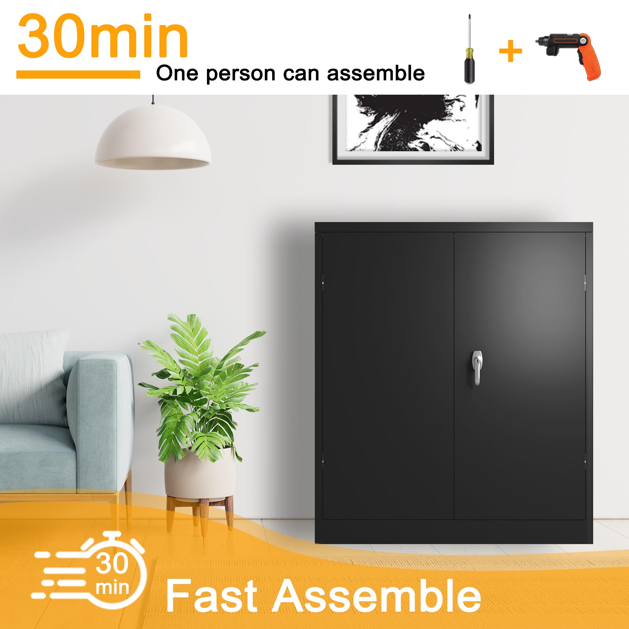 Lockable Metal Office File Cabinet with 2 Adjustable Shelves - Black Garage Storage Cabinet with Locking Door - Small Tool Cabinet (41.6''H×36''W×18''D) - Perfect for Home Office, Garage Organization & Secure Document Storage - Assembly Required