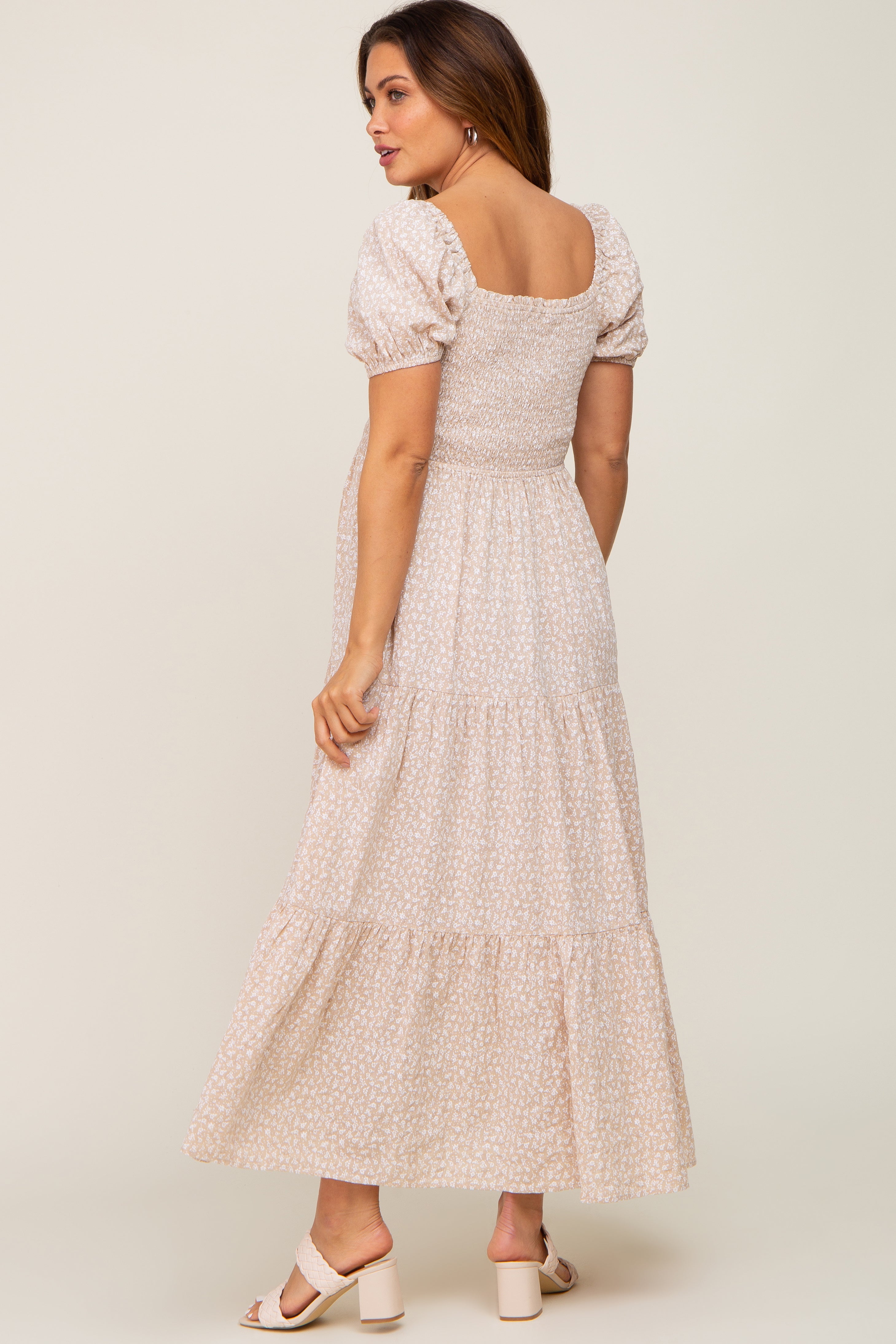 Beige Floral Smocked Square Neck Maternity Midi Dress for Pregnancy, Baby Shower & Special Occasions - Comfortable & Stylish Summer Dress for Expecting Moms