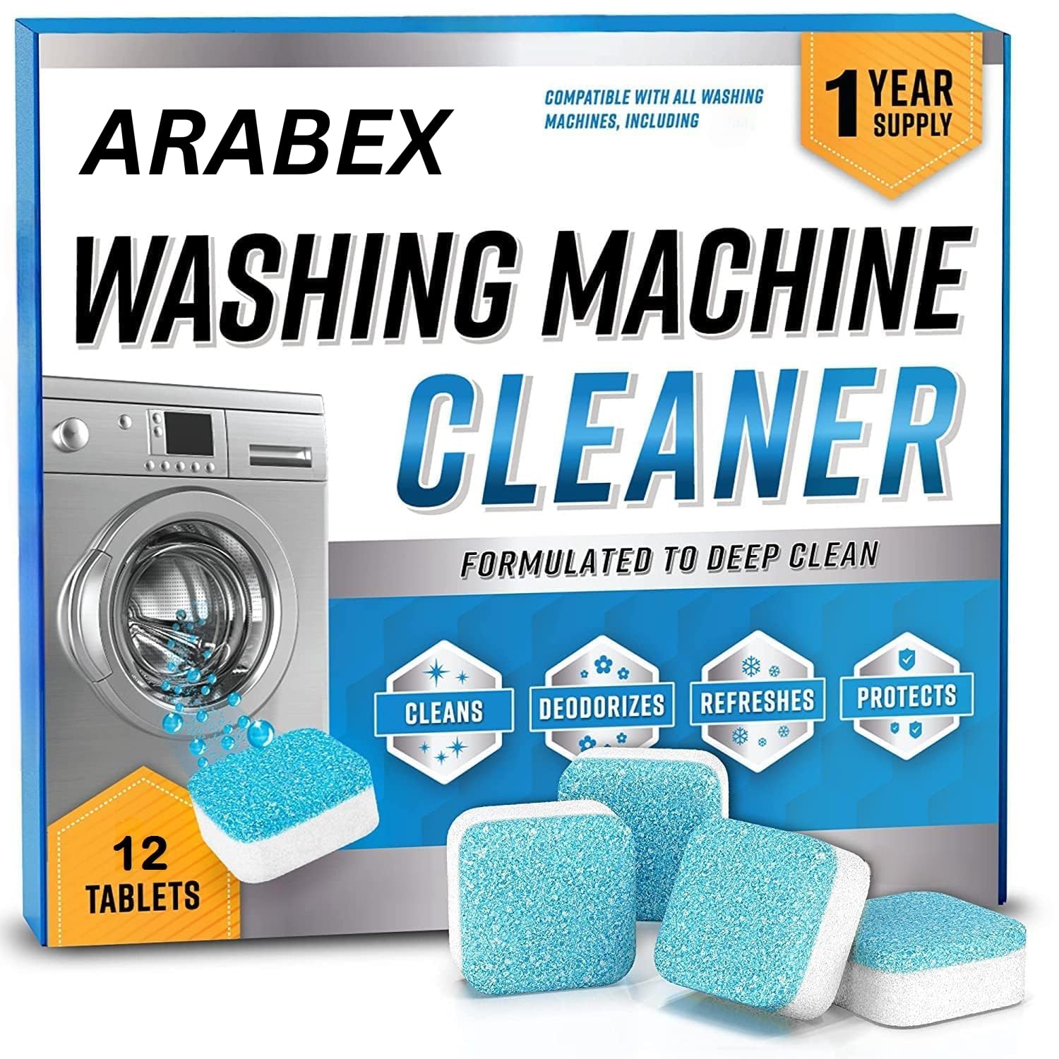 ARABEX™ Washing Machine Cleaner Descaler 12 Pack - Deep Cleaning Tablets for HE Front Load & Top Load Washers, Removes Odor & Mold, Safe for All Machines - Perfect for Monthly Maintenance & Laundry Freshness
