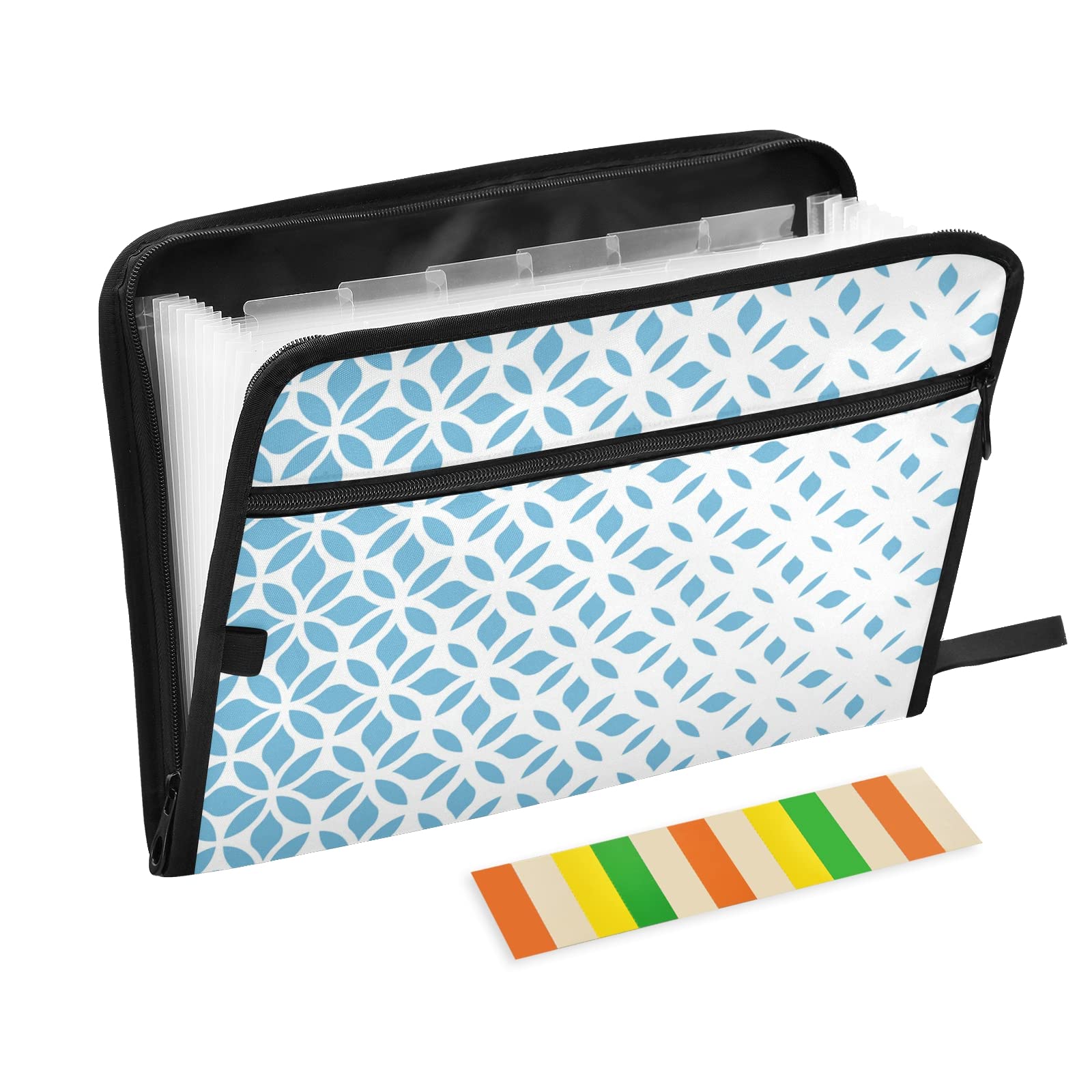 KFBE Blue Geometric Expanding File Folder with Sticky Labels - 13 Pocket Accordion Organizer for Letter & A4 Documents - Zippered Closure File Storage | Perfect for Office, School, Home Organization & Document Management