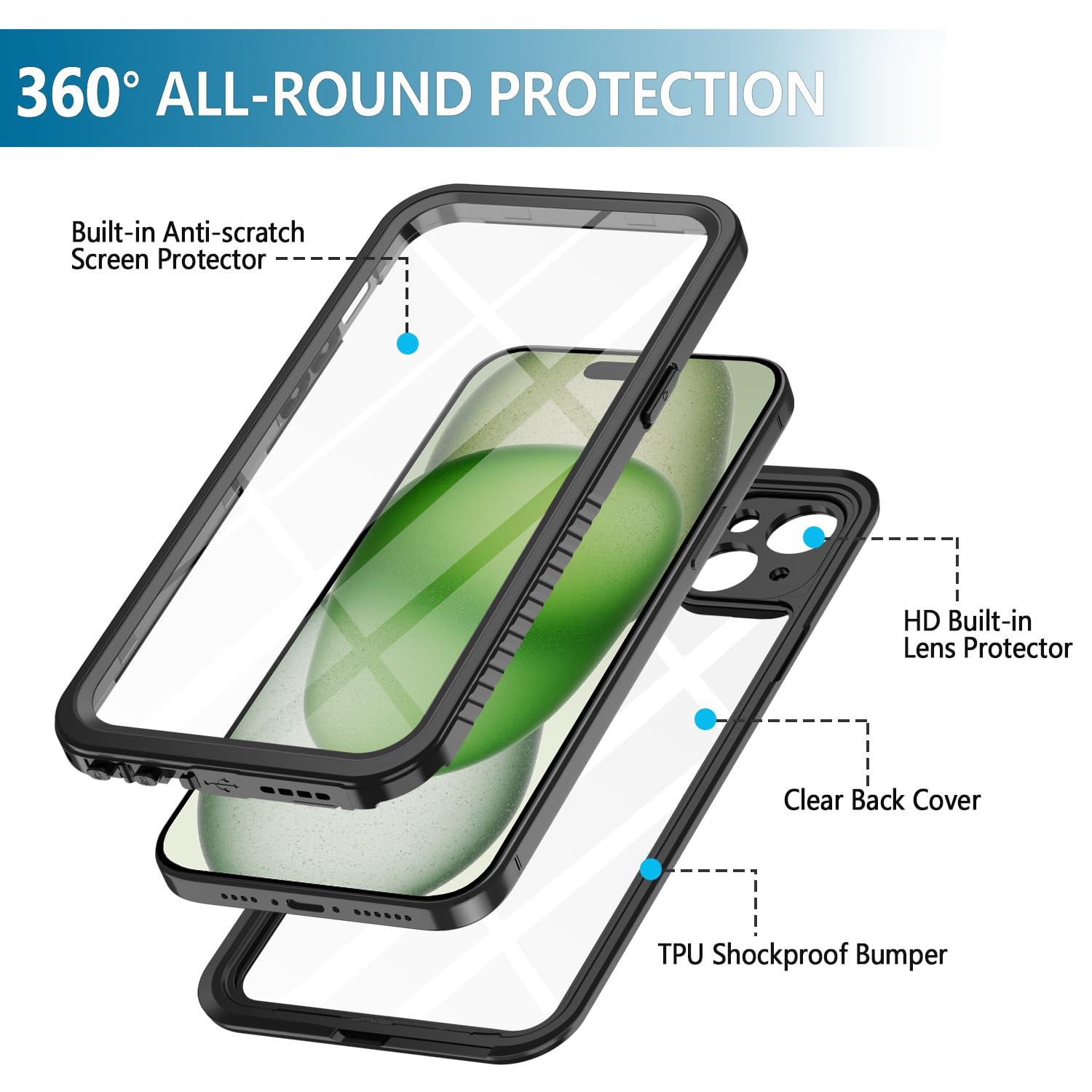 **iPhone 15 Waterproof Case 10FT - Military Grade Shockproof & Dustproof Protection with Built-in Screen Protector | Magsafe Compatible | Heavy Duty Phone Cover for Outdoor, Swimming & Extreme Sports (Black-FS)**