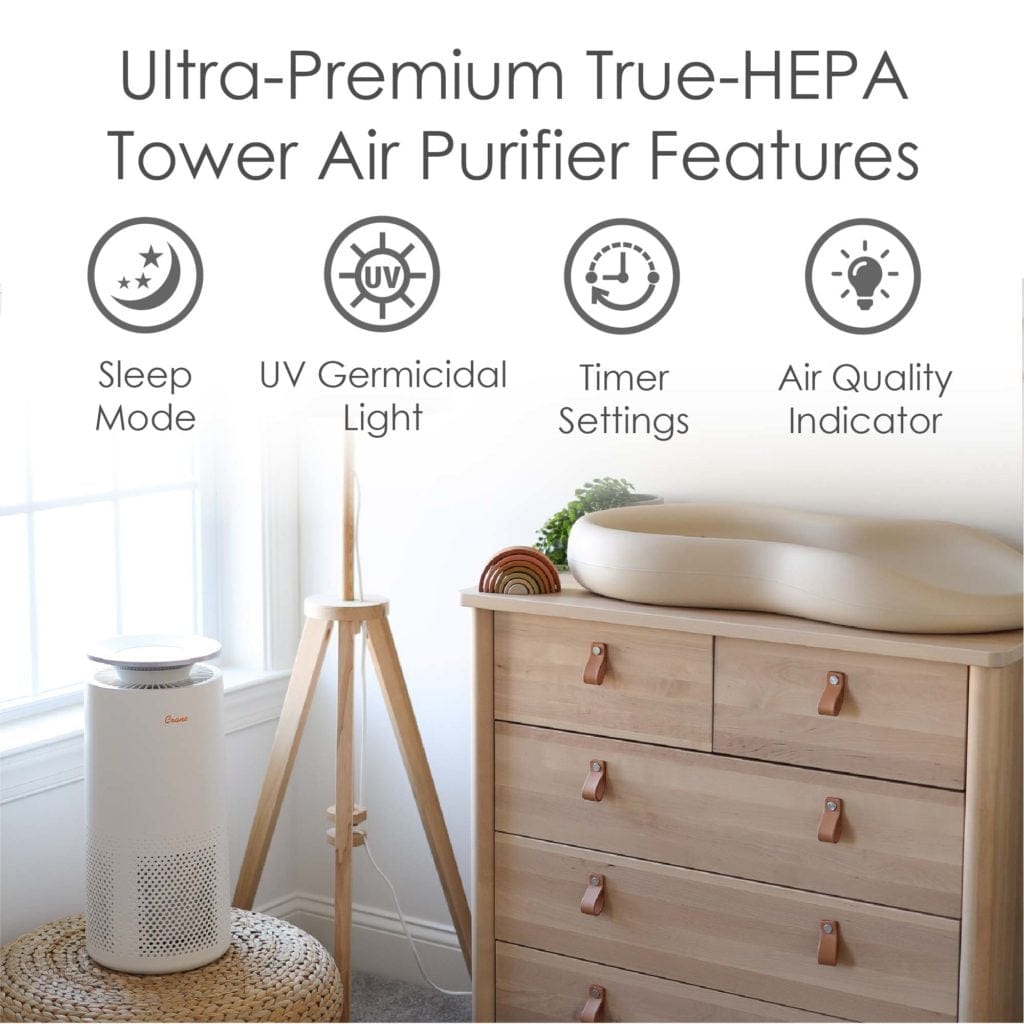 Crane Air Purifier for Large Rooms - HEPA Filter, Quiet Operation, Covers Up to 500 Sq Ft - Perfect for Bedroom, Living Room, Office & Nursery Air Purification