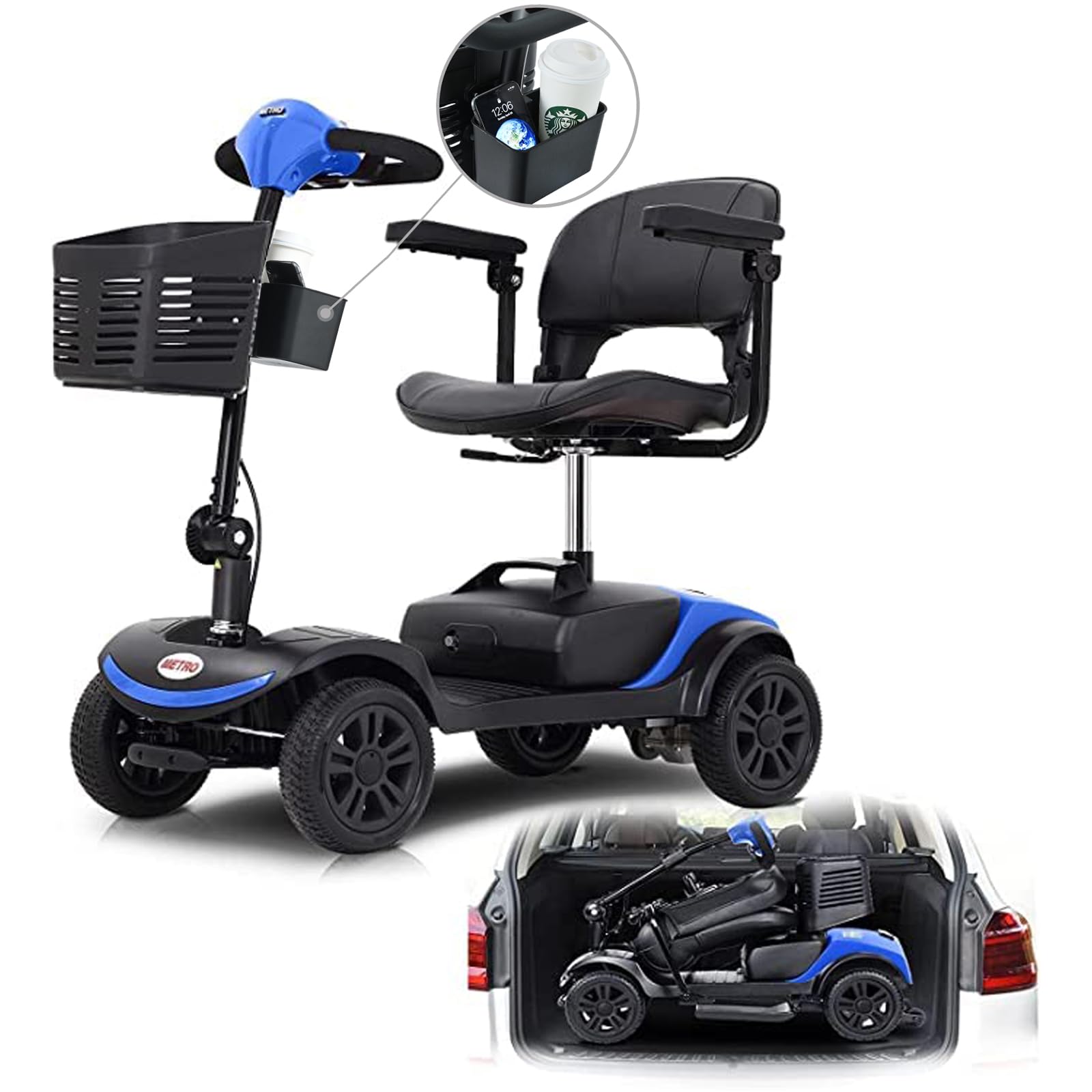 4 Wheel Folding Mobility Scooter for Adults & Seniors - Electric Powered Medical Scooter Wheelchair - Compact Heavy Duty Travel Scooter (Light Blue) - Ideal for Airports, Shopping Malls & Outdoor Activities