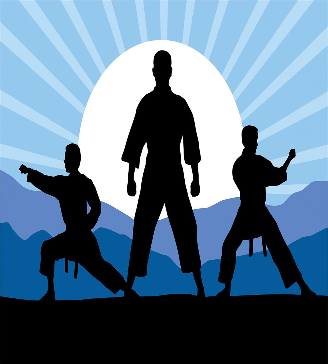 Ambesonne Kung Fu Duvet Cover Set - Karate Men Silhouettes on Sun Rays Mountains Design - 2 Pack California King Size Bedding Set with 2 Duvet Covers & 4 Pillowcases - Sky Blue - Perfect for Martial Arts Enthusiasts & Asian-Themed Bedrooms