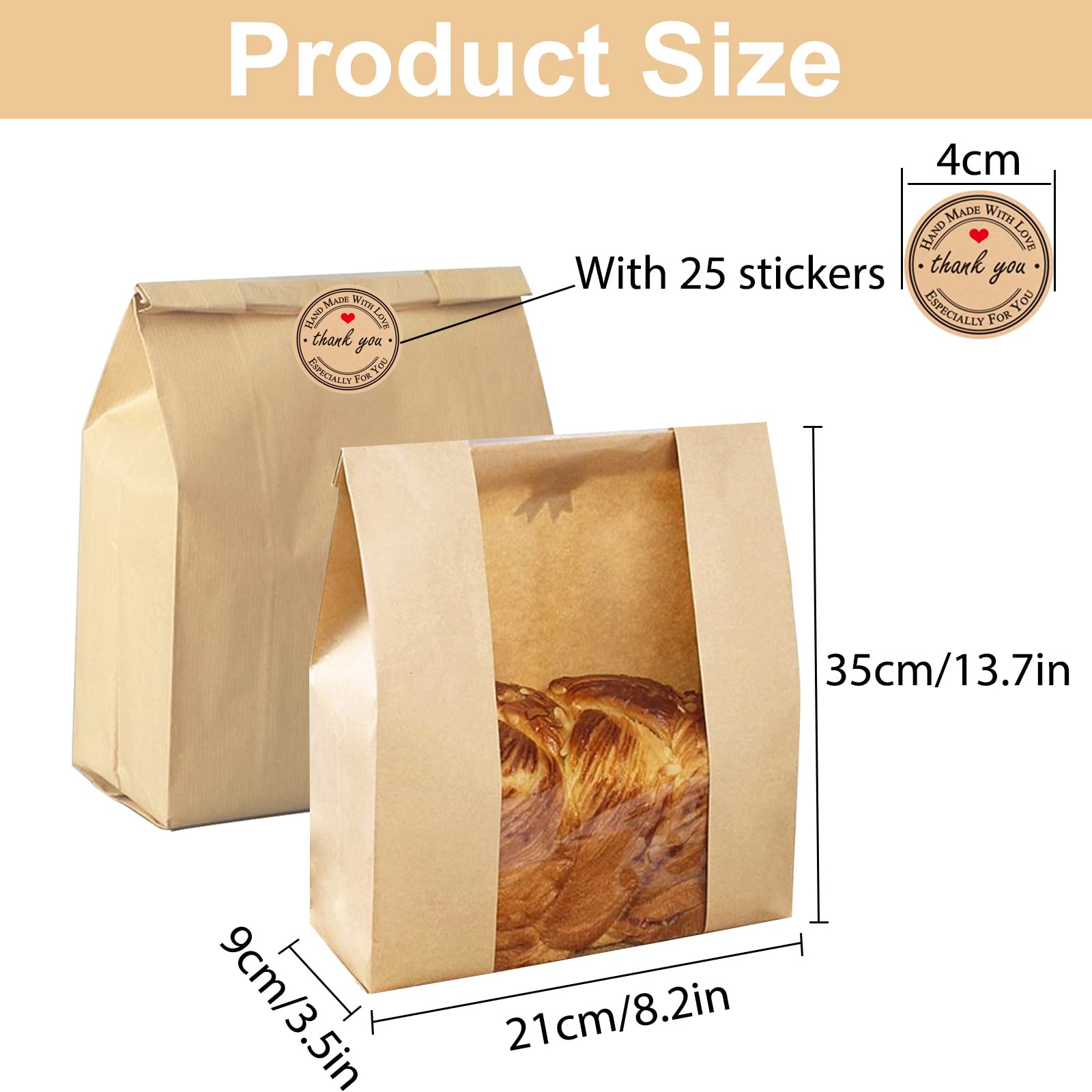Large Paper Bread Bags with Window for Homemade Sourdough & Bakery - 13.7x8.2x3.5 inch Bread Gifting Bags with Seal Sticker (Pack of 25) - Perfect for Artisan Bread Storage, Farmer's Market Sales & Holiday Gift Packaging