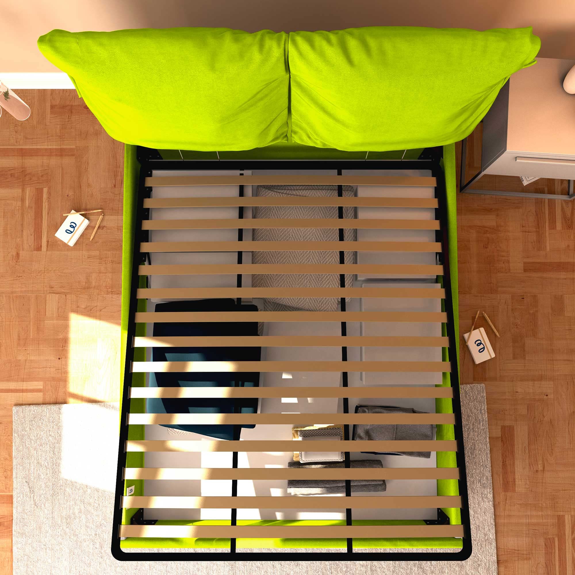 Baldiflex Single Bed with Storage - Licia Soft Synthetic Leather, Slatted Base for Single Mattress, 180 x 190 cm, Padded Thin Headboard, Apple Green - Perfect for Small Bedrooms, Guest Rooms & Studio Apartments