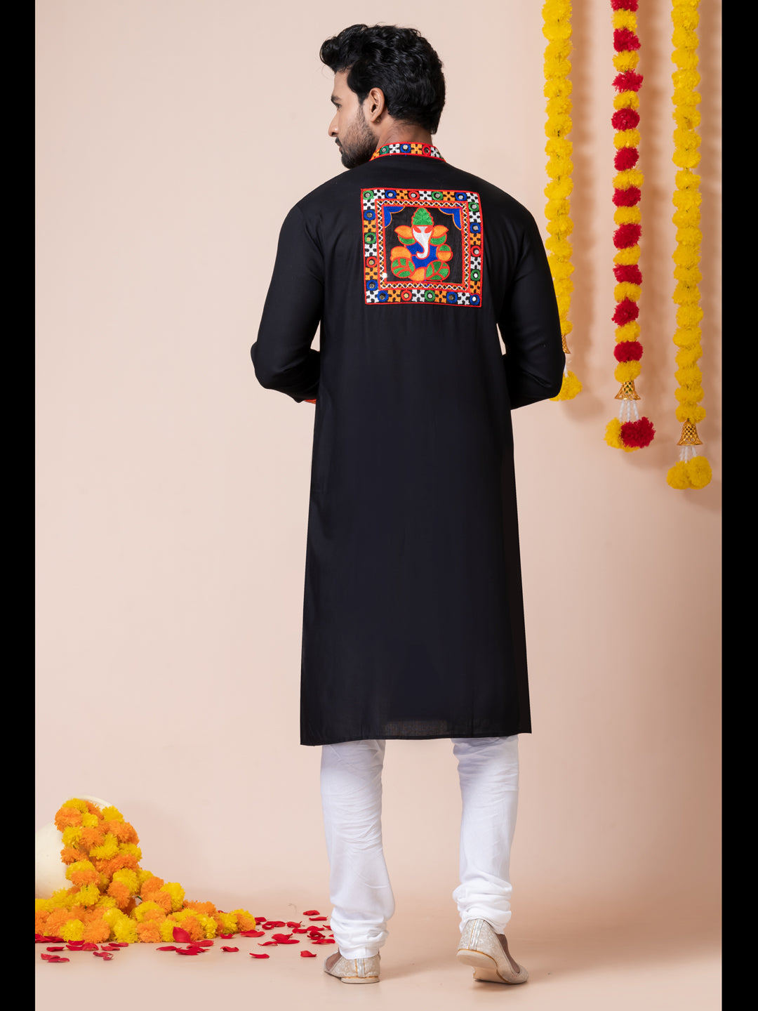 Black Navratri Special Men's Kurta Churidar Set with Machine Embroidery & Lace Work | Traditional Indian Ethnic Wear for Festivals & Weddings