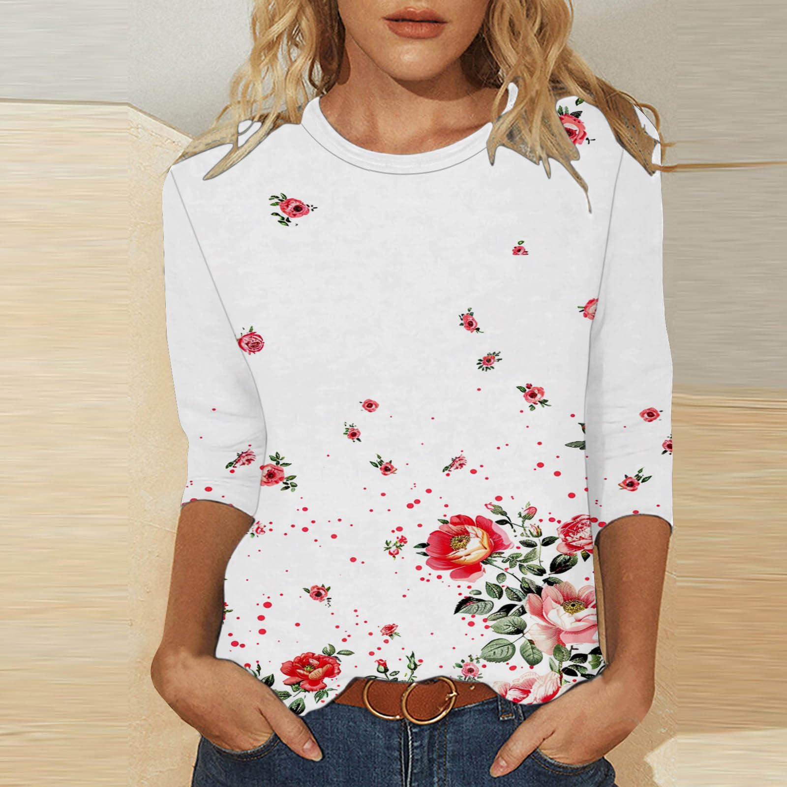 Trendy Women's 3/4 Sleeve Summer Shirts - Floral Boho Blouses for Casual Outings