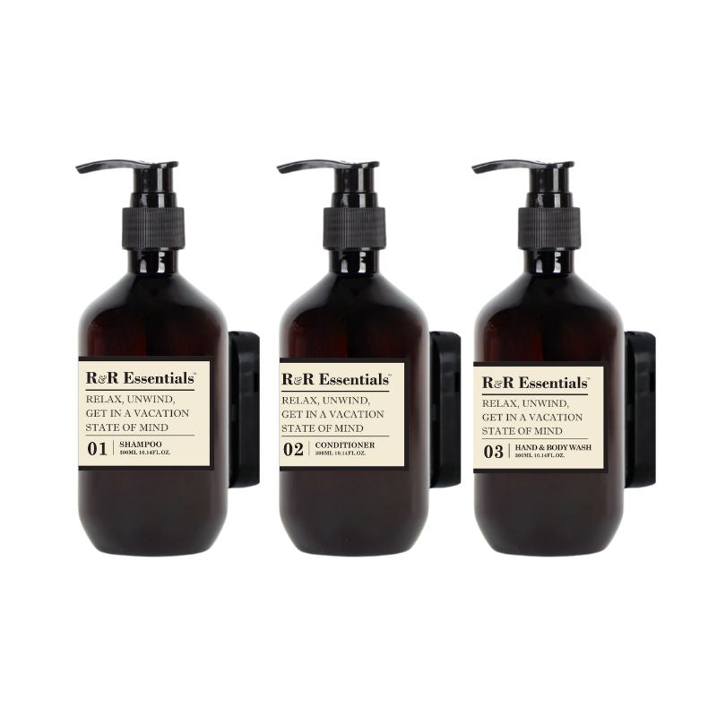 R&R Essentials 3-Pack Empty Pump Bottles with Labels & Wall Mounts - Perfect for Bathroom, Kitchen, and Salon Organization