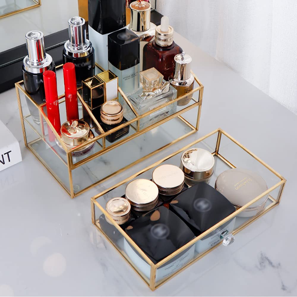 YUEHUA Clear Glass Makeup Organizer with Gold Trim - Brush, Jewelry, Nail Polish & Lipstick Holder for Vanity, Bathroom or Office | Stylish Cosmetic Storage & Display Case for Beauty Essentials