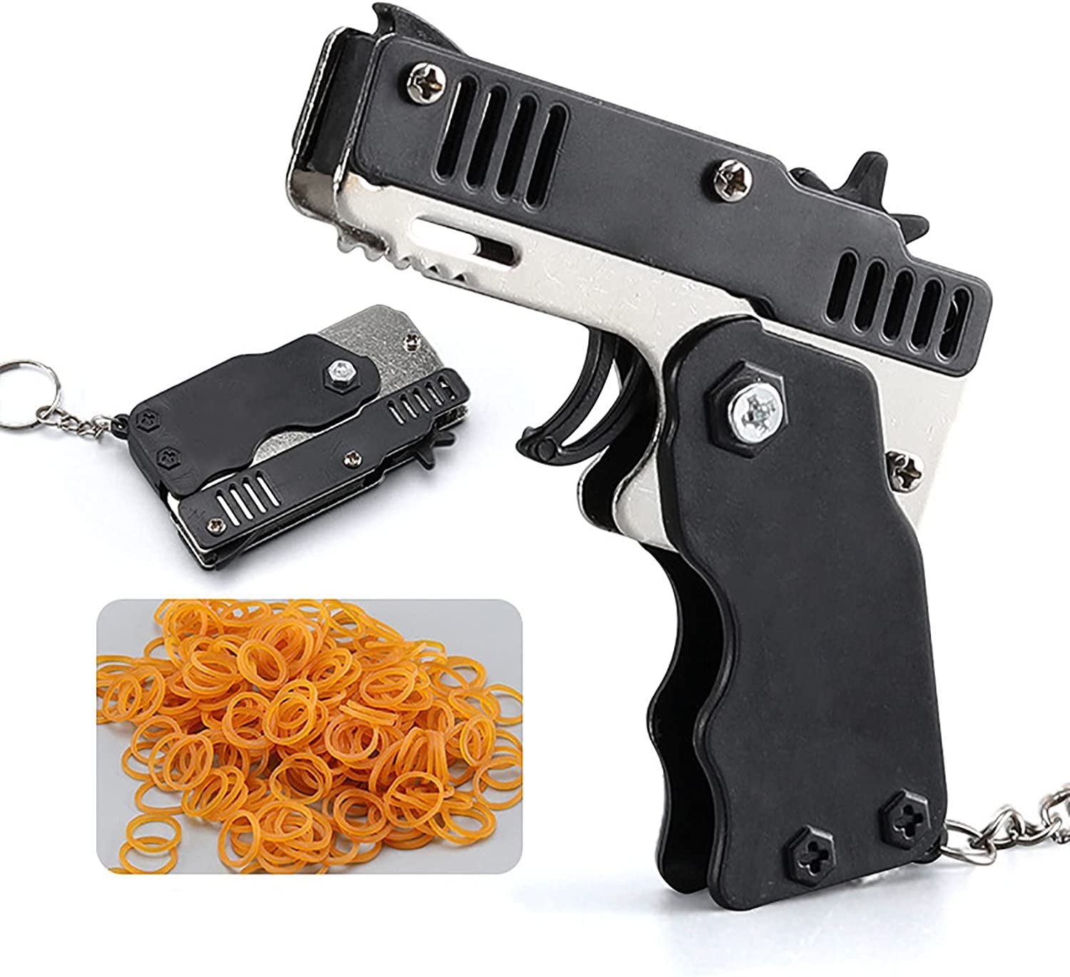Mini Metal Foldable Rubber Band Gun Toy - 60pcs Rubber Bands Included - Cool Burst Collapsible Keychain Gift for Adults & Kids - Perfect for Outdoor Shooting Games, Backyard Fun, and Stress Relief (Black)