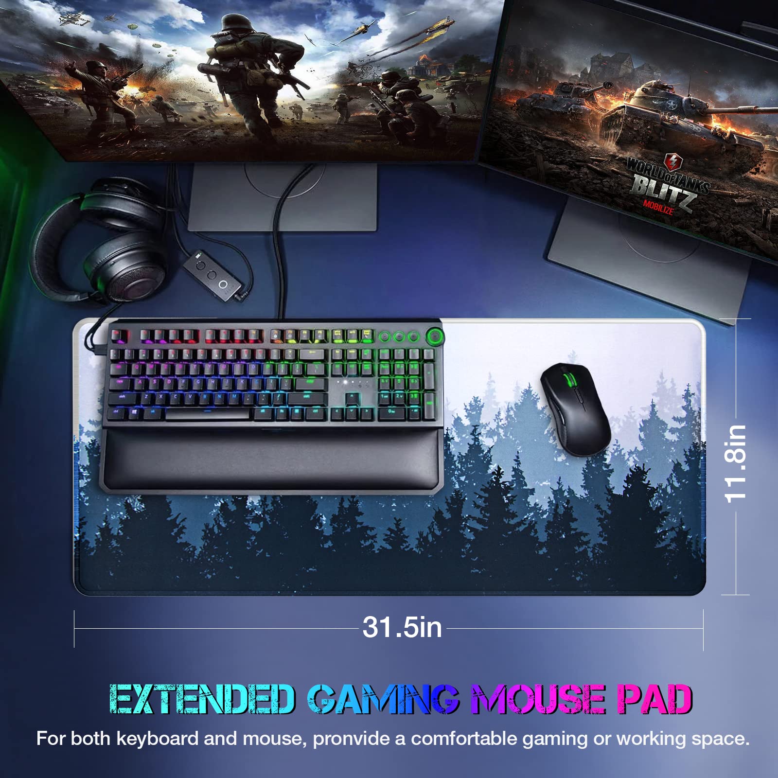 ETZ Large Gaming Mouse Pad 31.5 x 11.8 Inches, Non-Slip Rubber Base, Stitched Edges - Extended XXL Mouse Mat for PC, Laptop, Computer - Perfect for Gaming, Office Work & Home Use - Waterproof & Washable Desk Pad for Keyboard & Mouse