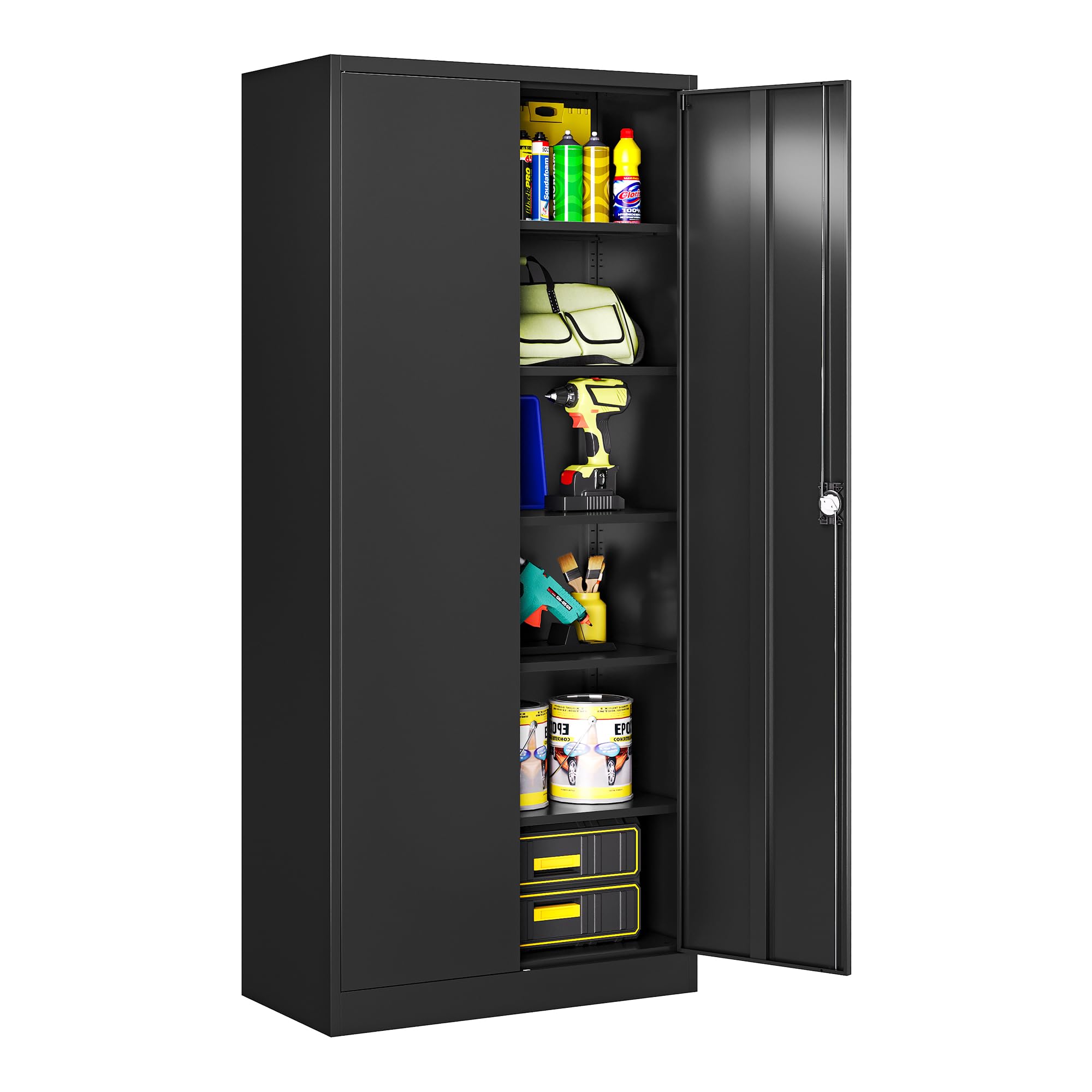 Heavy Duty Steel Garage Storage Cabinet with Lock - 2 Doors & 5 Adjustable Shelves, 71