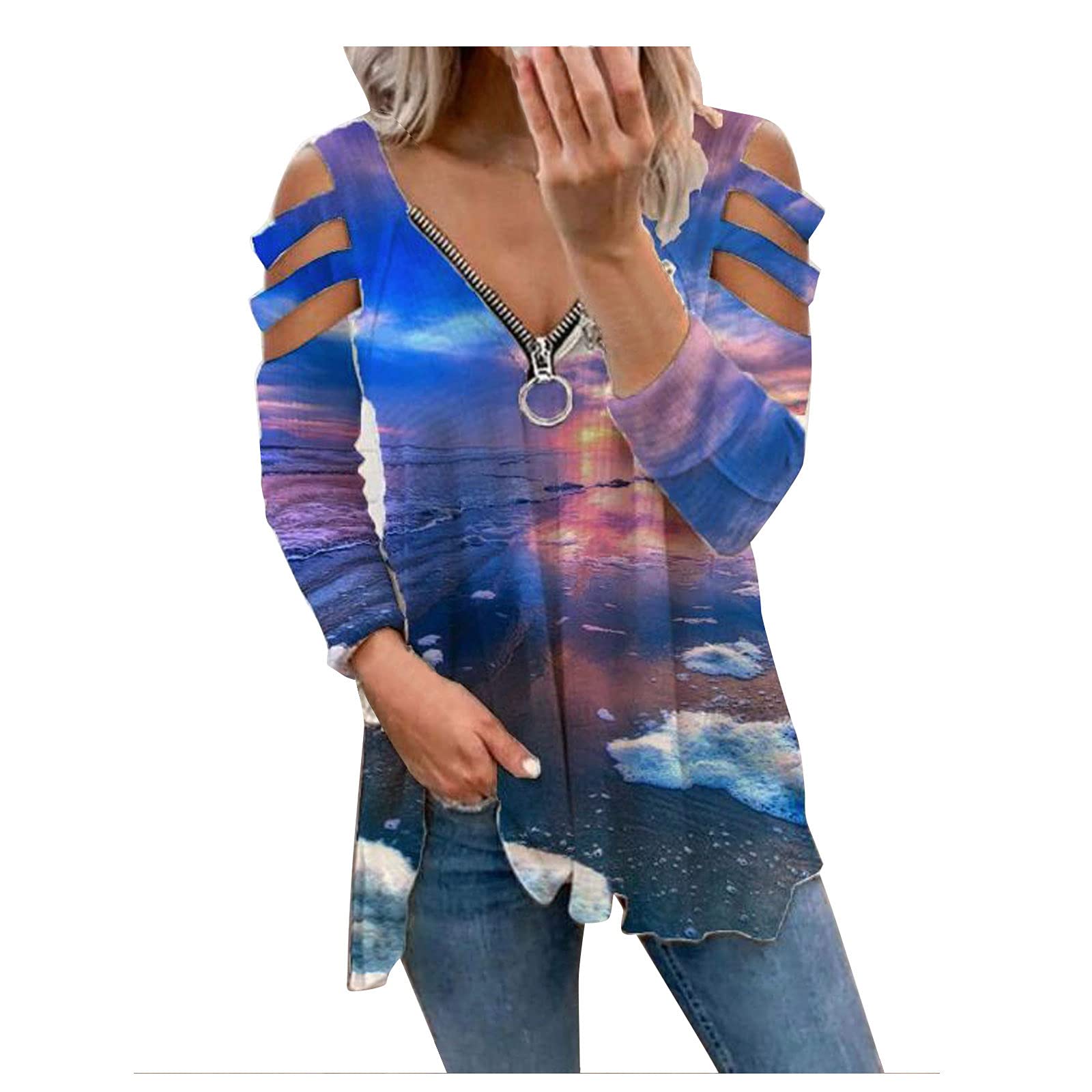 Women's Lightweight Quick Dry Zipper Tops Long Sleeve V-Neck Shirts for Casual Wear, Workout & Outdoor Activities