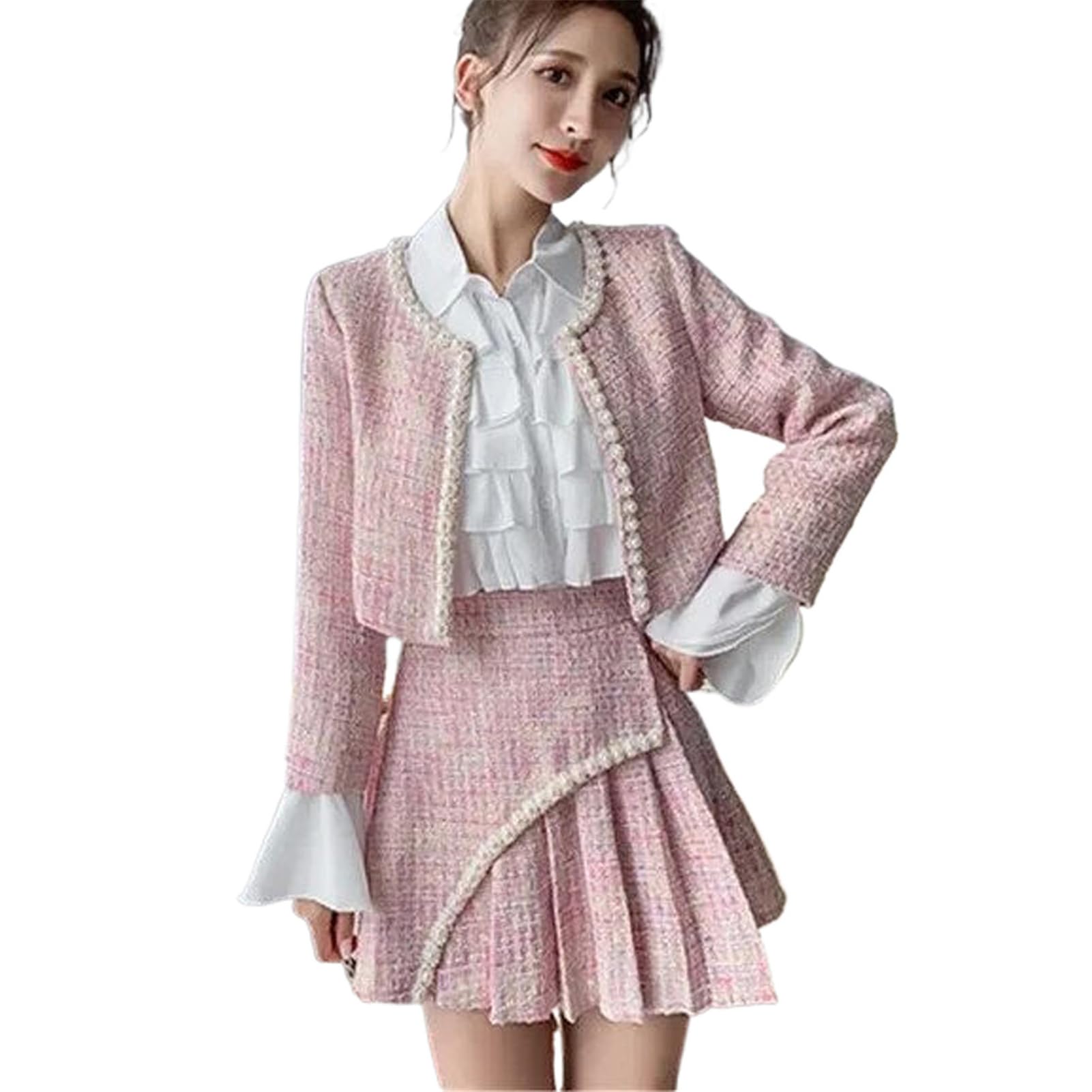 Elegant Women's Autumn Winter 3-Piece Tweed Suit Set - Slim Coat, Skirt & Blouse Outfit for Office, Party & Formal Occasions