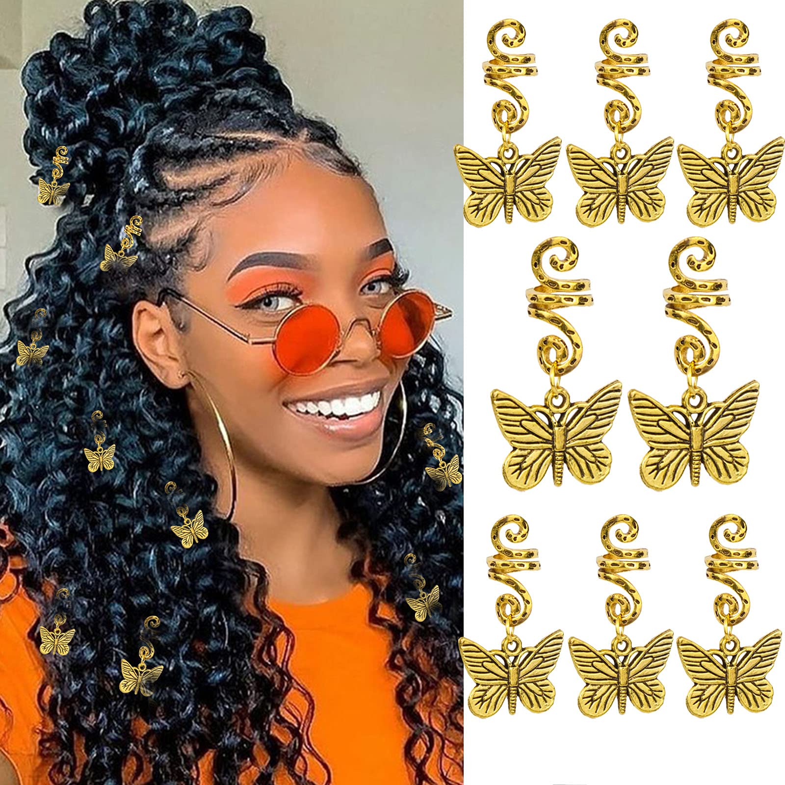 NAISKA Gold Butterfly Hair Beads - Dreadlock Cuffs & Braid Rings for Women - Hair Jewelry Accessories for Boho, Festival & Everyday Style