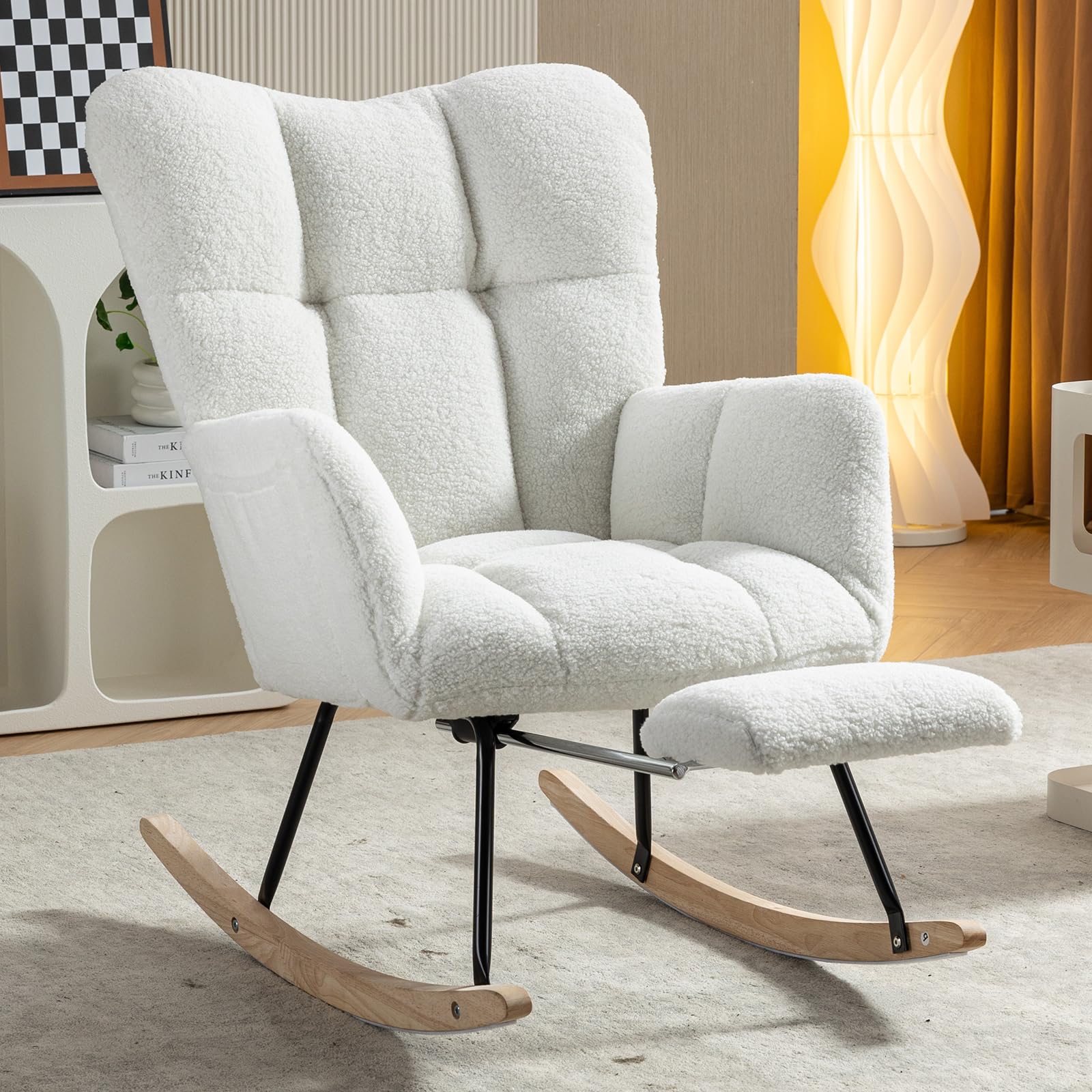 Comfortable Teddy Upholstered Nursery Rocking Chair with Side Pocket & Adjustable Footrest - Soft Glider Recliner for Living Room, Bedroom, Nursery - Perfect for Nursing, Reading & Relaxing (Ivory)