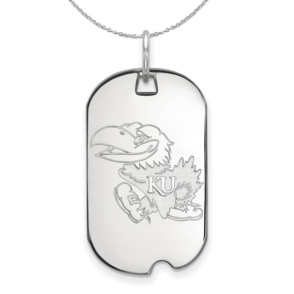 Kansas Jayhawks Sterling Silver Dog Tag Pendant Necklace - Black Bow Charm - Perfect for KU Alumni Gifts & College Spirit Jewelry