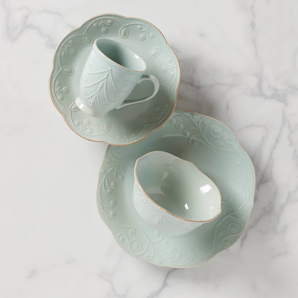 French Perle Blue 4-Piece Dinner Plate Set - Elegant Bone China Tableware for Formal Dining & Special Occasions