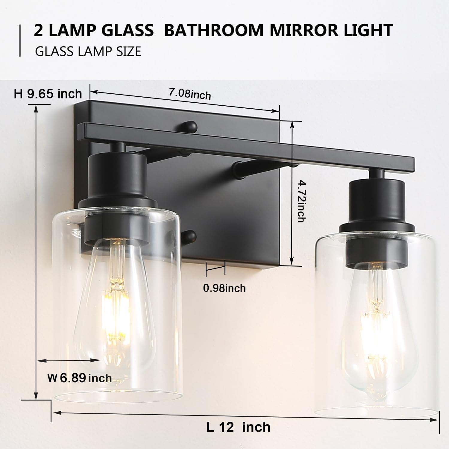Modern Matte Black Bathroom Vanity Light Fixture - 2-Light Wall Sconce with Clear Glass Shade for Bathroom, Hallway, Farmhouse Bedroom & Living Room - Waterproof & Dimmable Lighting for Home Decor