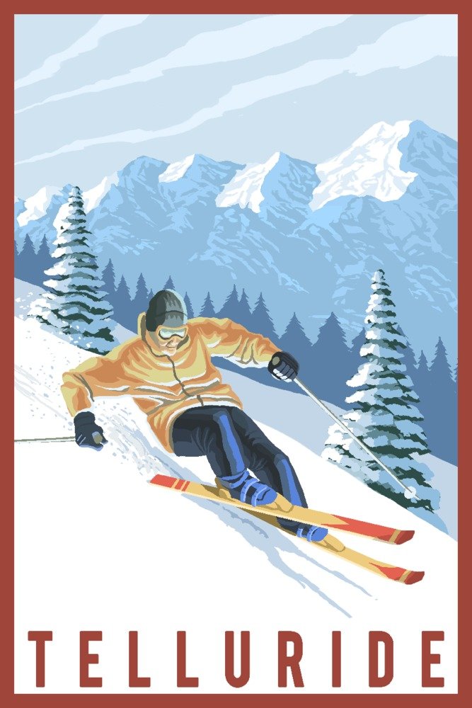 Lantern Press Telluride Colorado Downhill Skier Wall Art Poster - 12x18 Inches Framed Skiing Decor for Living Room, Bedroom & Office - Perfect Mountain Ski Resort Themed Gift for Winter Sports Enthusiasts