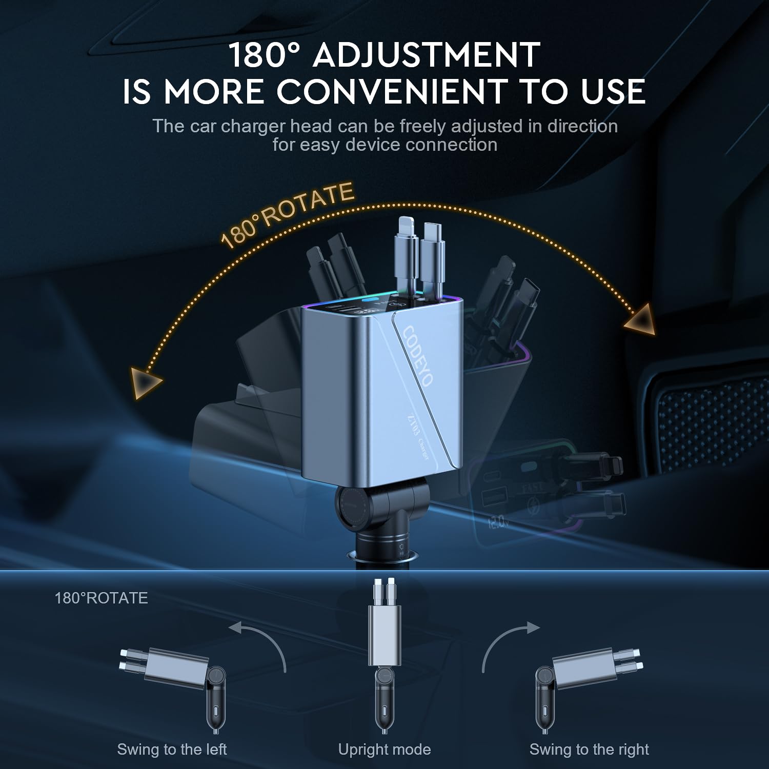 146W 4-in-1 Retractable Fast Car Charger with RGB Light & 2.9ft Cord - PD 65W & 30W USB-C Car Charger for iPhone 16/15/14/13/12, Android, Laptop (Gray) - Perfect for Road Trips, Commuting & Multi-Device Charging On-The-Go