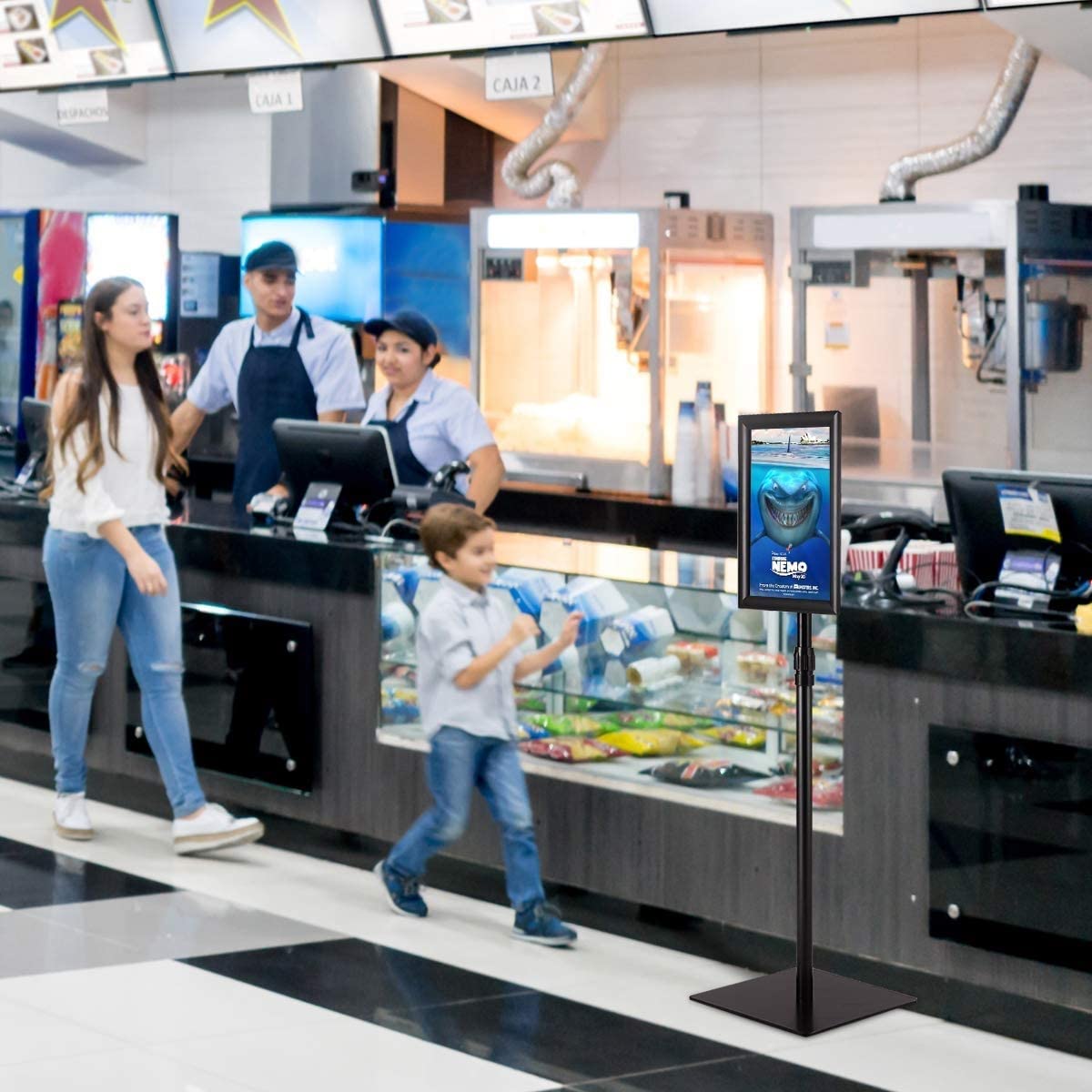 Black Metal A4 Floor Sign Holder - Adjustable Pedestal Poster Stand for Advertising, Menu Display & Retail Signage - Free Standing Landscape Sign Rack with Flat Base - Perfect for Restaurants, Stores & Trade Shows