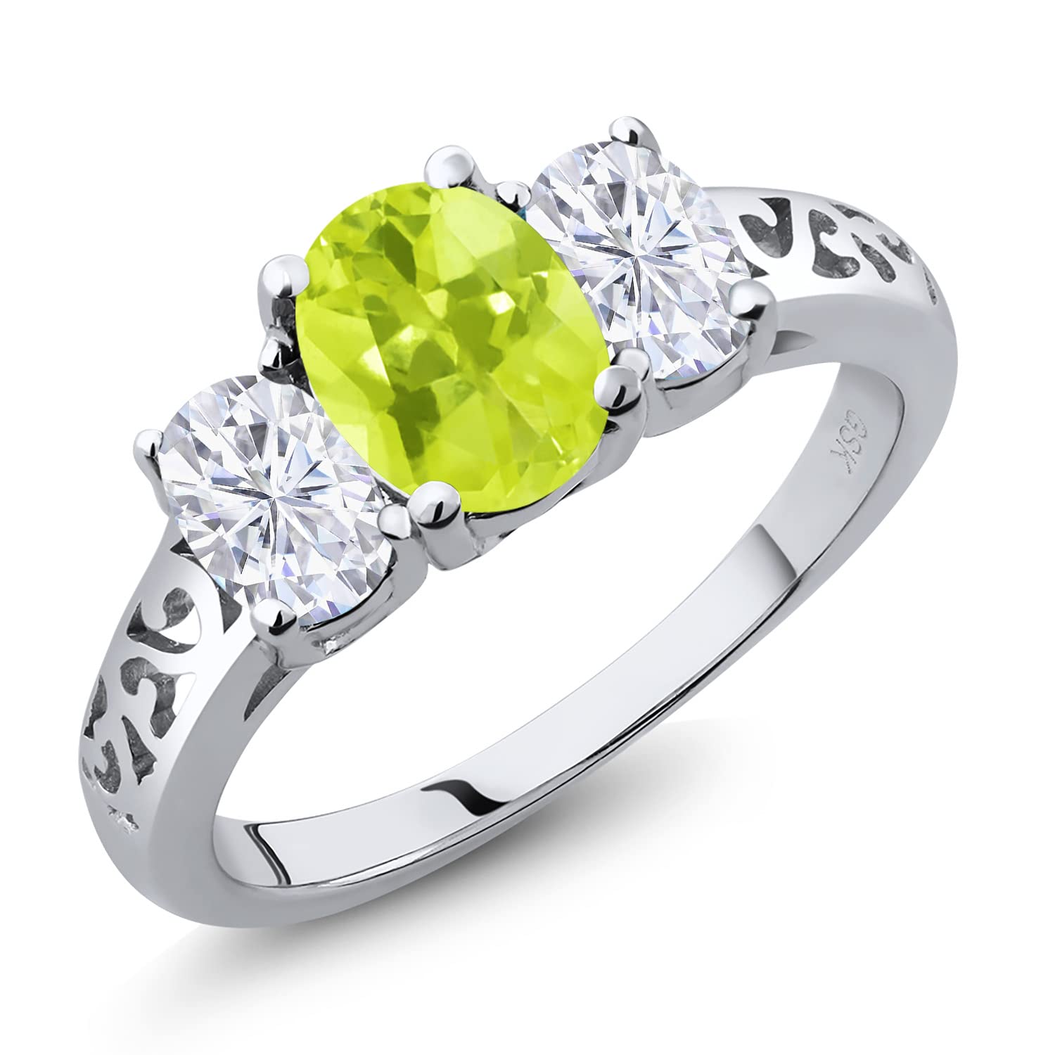 925 Sterling Silver 3-Stone Ring with Oval Yellow Lemon Quartz & Moissanite (2.10 Cttw) - Elegant Jewelry for Women, Perfect for Engagement, Anniversary & Special Occasions