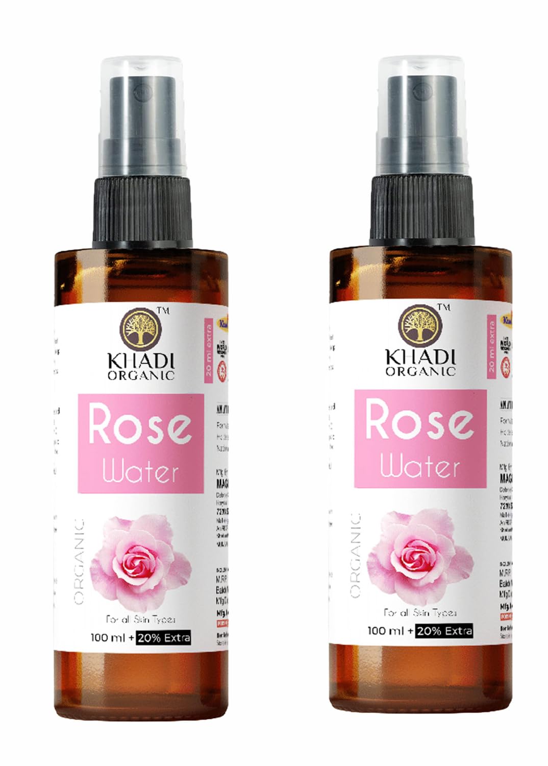 Khadi Organic Rose Water Spray for Face & Skin - Pure Ayurvedic Gulab Jal Toner | Steam Distilled in Kannauj | 100% Natural Rosewater (Pack of 2, 120ml) - Perfect for Hydration, Makeup Setting & After-Sun Care