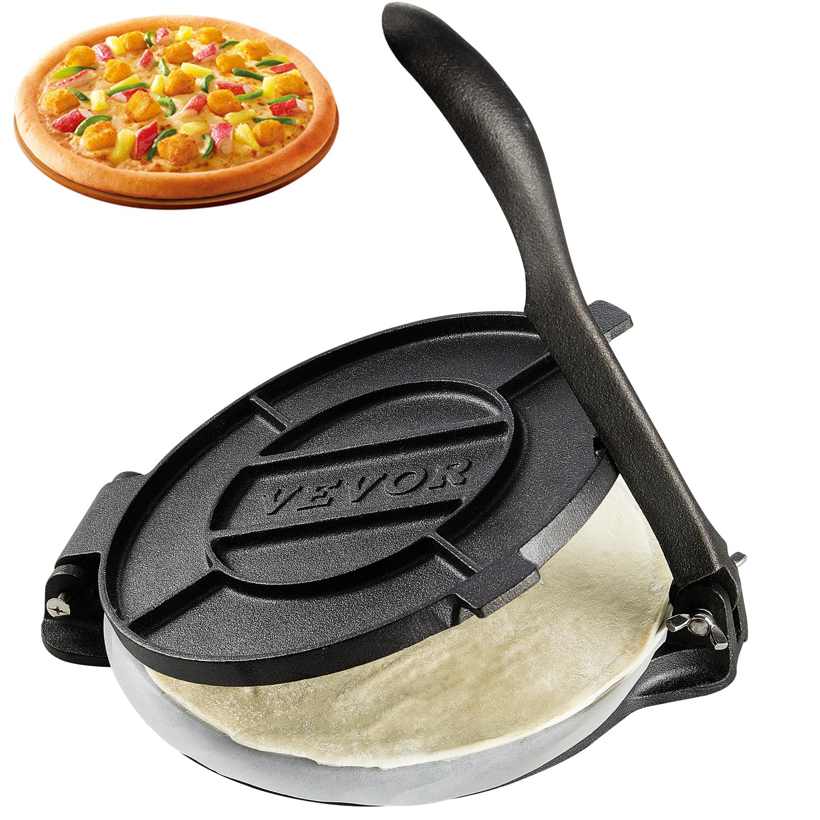 VEVOR 8 Inch Cast Iron Tortilla Press & Roti Maker - Heavy Duty Pre-Seasoned Tortilladora for Flour Tortillas, Roti, Tawa & Patacones - Includes 100 Pcs Parchment Paper - Perfect for Mexican & Indian Cooking, Home Kitchen & Restaurant Use