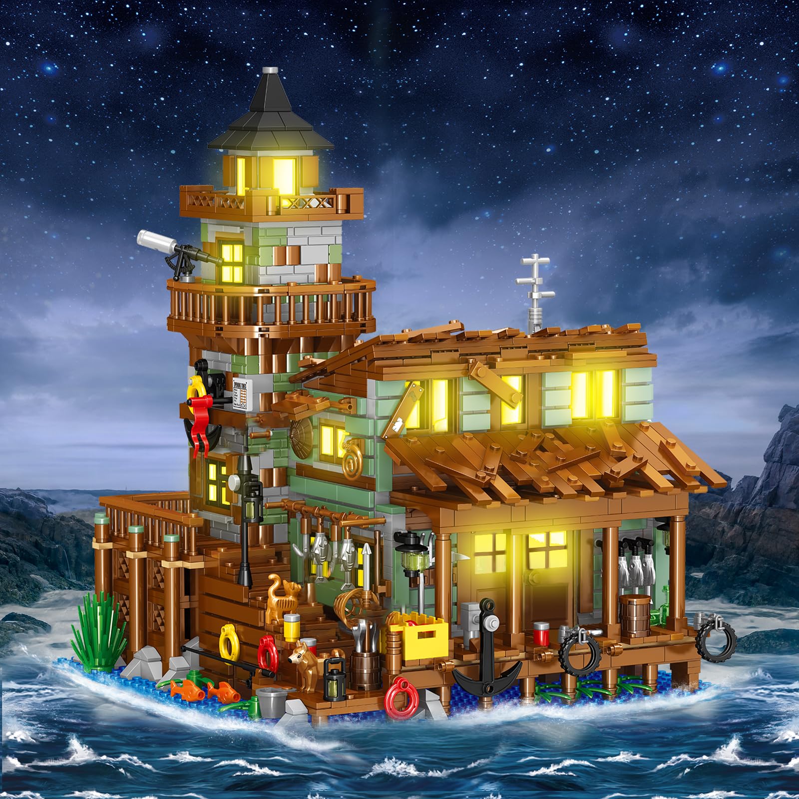 1881-Piece Wooden Cabin Mini Building Block Set with LED Lights - STEM Architecture Toy Kit for Adults & Kids Ages 8-12+ | Fishing Village Store House Model | Perfect Birthday Gift & Home Decoration (Not Compatible with Other Sets)