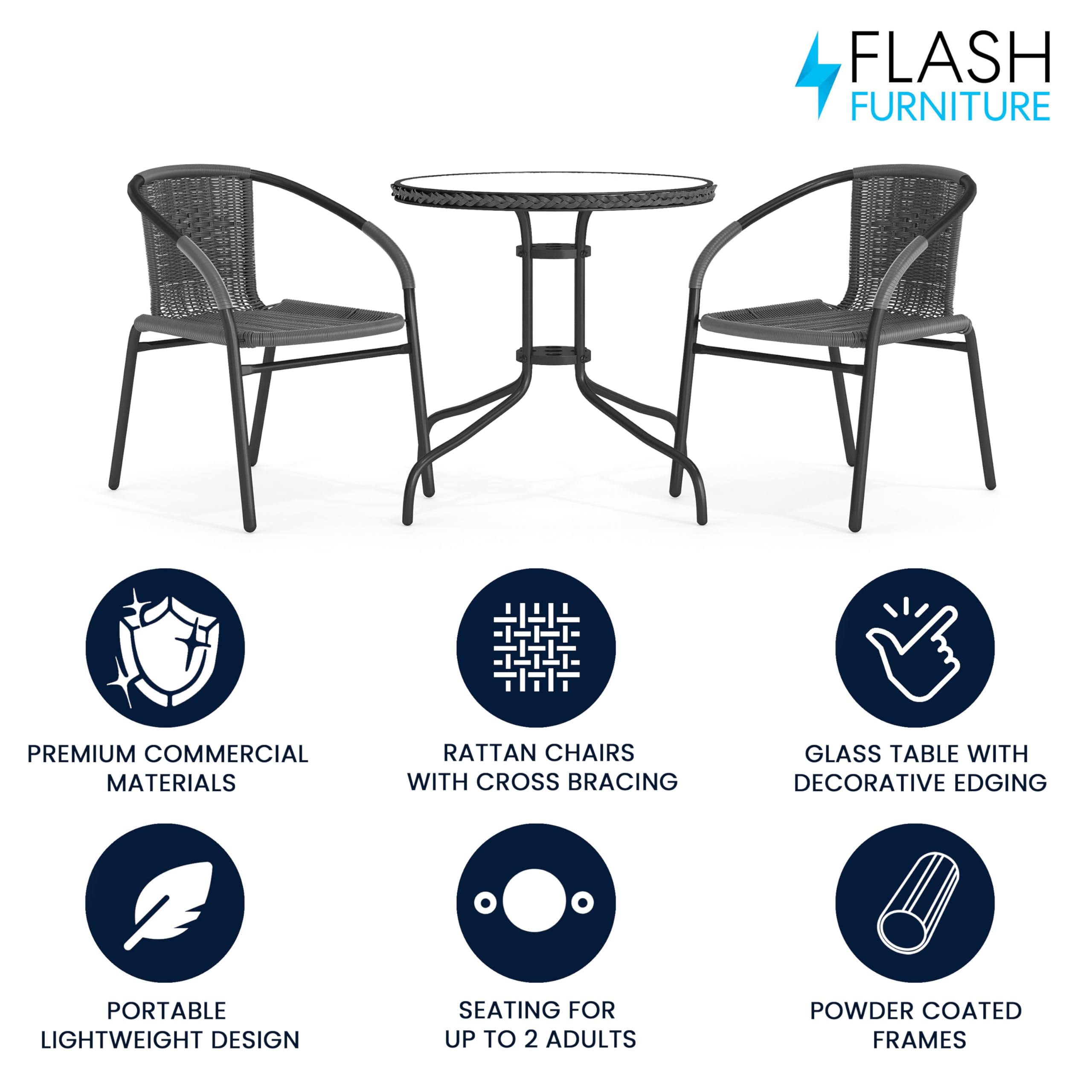 Flash Furniture 3-Piece Outdoor Dining Set - Round Glass Top Metal Table with 2 Stackable Wicker Chairs, Gray Bistro Set for Patio, Garden, Balcony & Backyard Relaxation