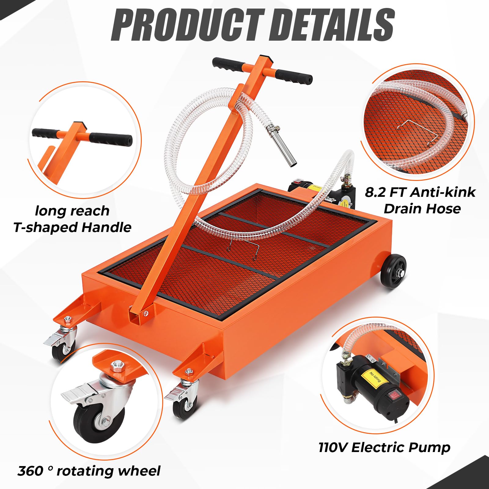20 Gallon Low Profile Oil Drain Pan with 110V Electric Pump - 8.2 Ft Hose & Folding Handle - Rolling Oil Change Cart for Trucks, RVs, Buses - Perfect for Garage, Auto Shop & Fleet Maintenance