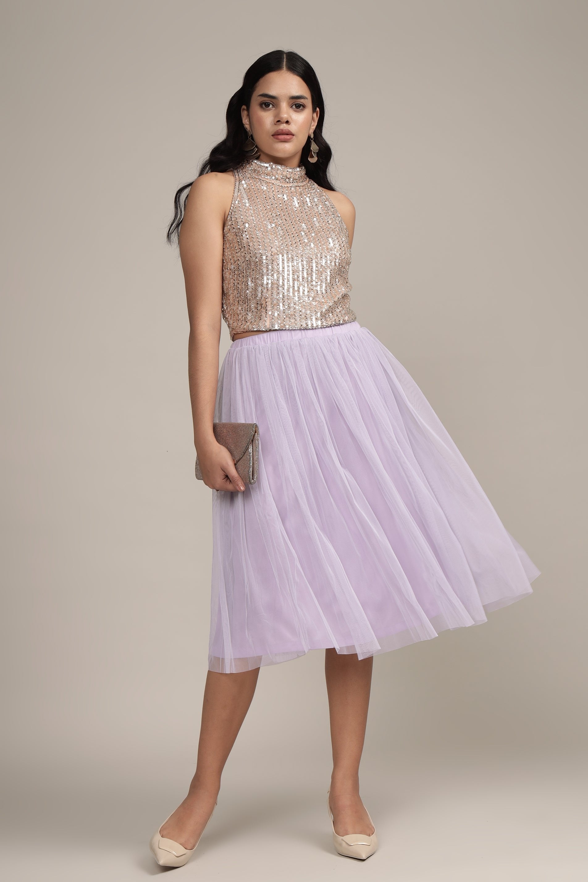 Elegant Merlin Lilac Tulle Midi Skirt for Women - Flowy A-Line Party Dress for Weddings, Prom & Special Occasions