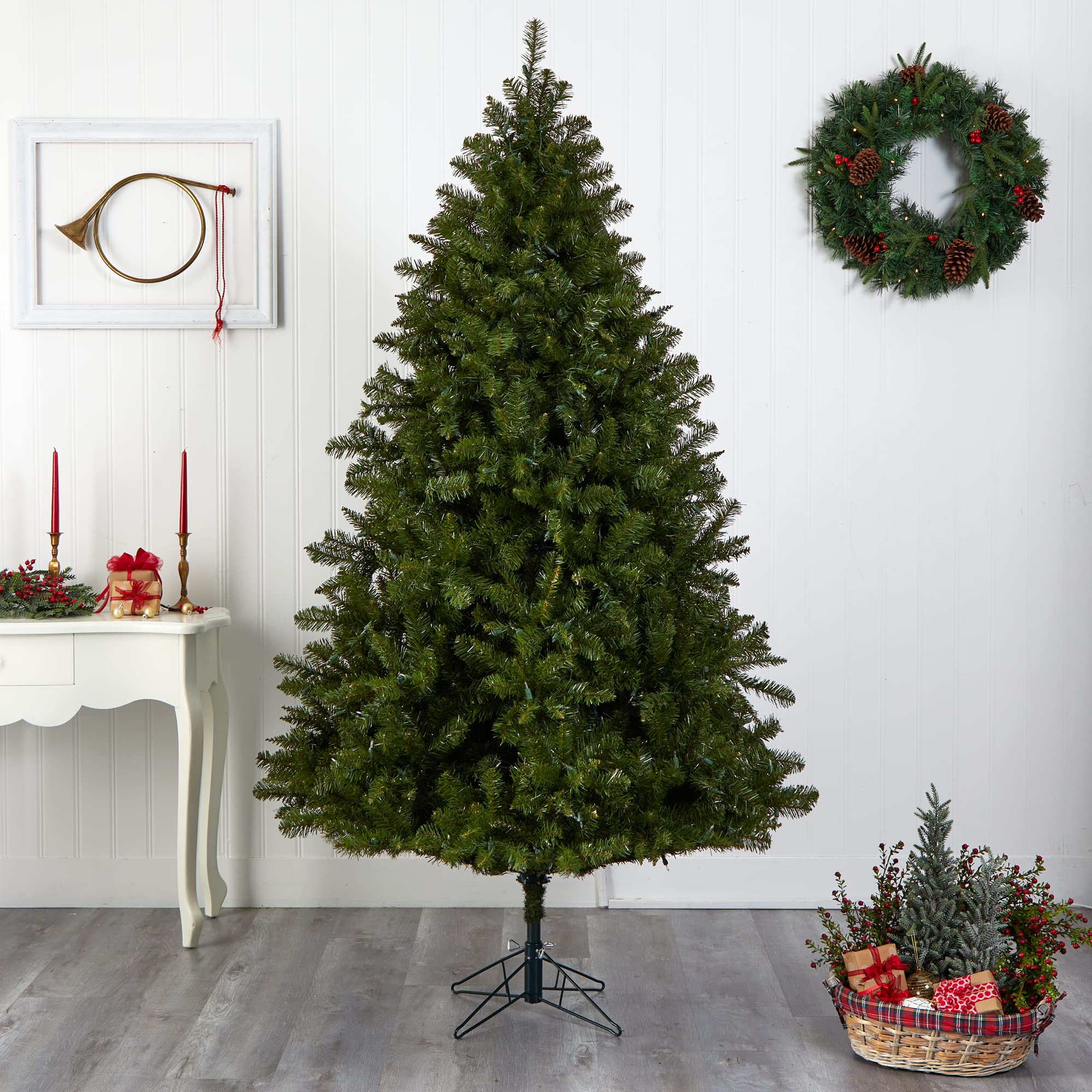 Nearly Natural 5374 7.5-Foot Pre-Lit Artificial Christmas Tree with Clear Lights - Realistic Green Pine for Holiday Home Decor, Living Room, Office & Party Decoration