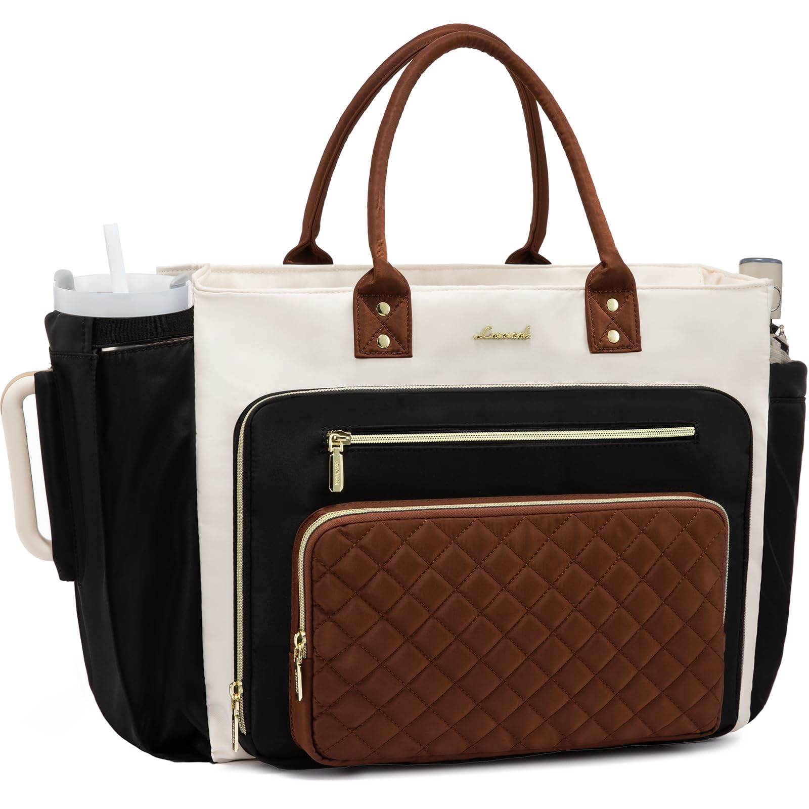 LOVEVOOK 17 Inch Laptop Tote Bag for Women - Professional Teacher Nurse Work Bag with Large Cup Holder, Stylish Business Briefcase & Computer Purse in Black, Beige, Brown - Ideal for Office, School & Travel