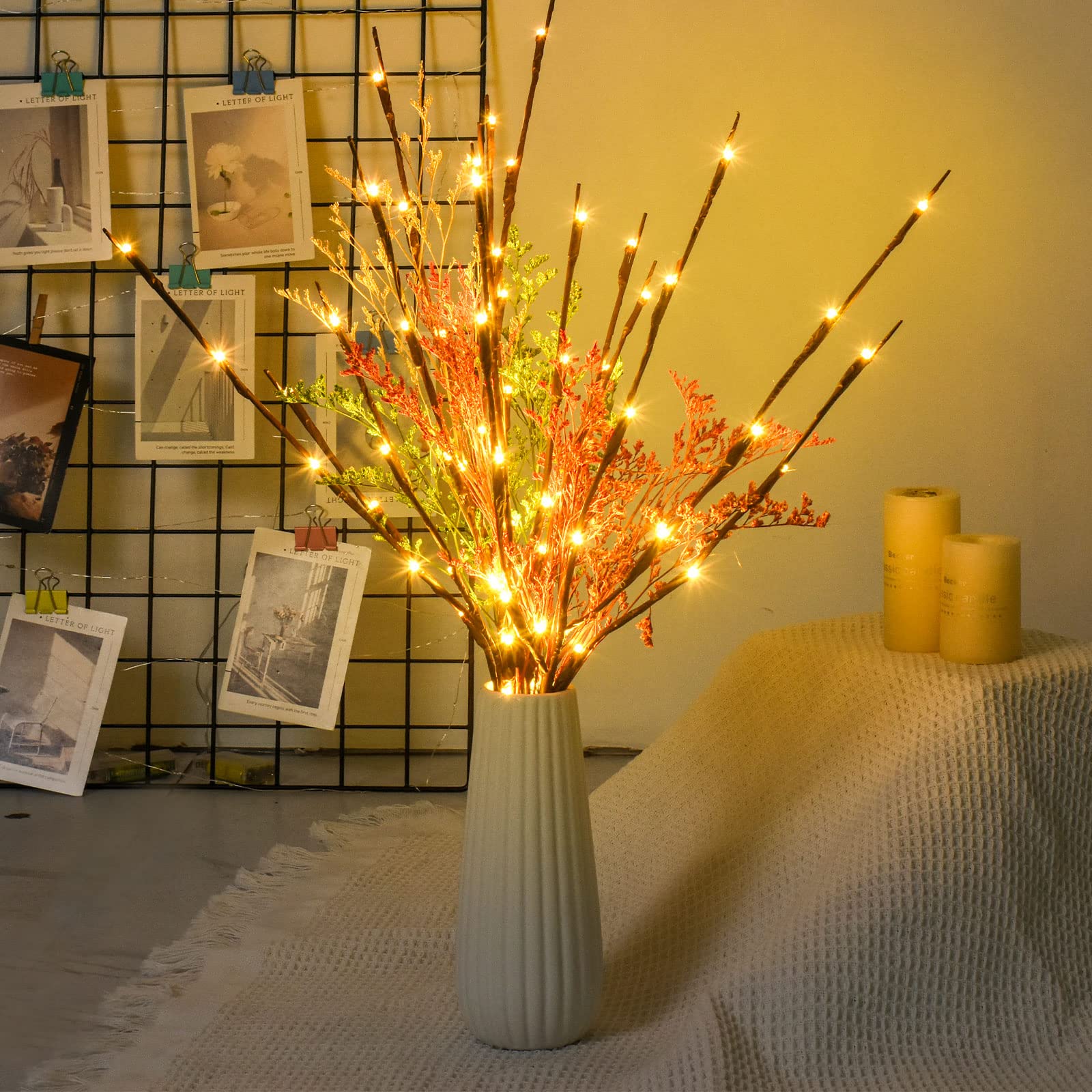Twig Lights 2 Pack - 30Inch 20 LED Lighted Branches with Warm Yellow Willow Lights for Christmas Party, Indoor & Outdoor Vase Fireplace Decor | Perfect for Holiday Centerpieces, Wedding Decorations, and Cozy Home Ambiance (Warm Yellow Light)