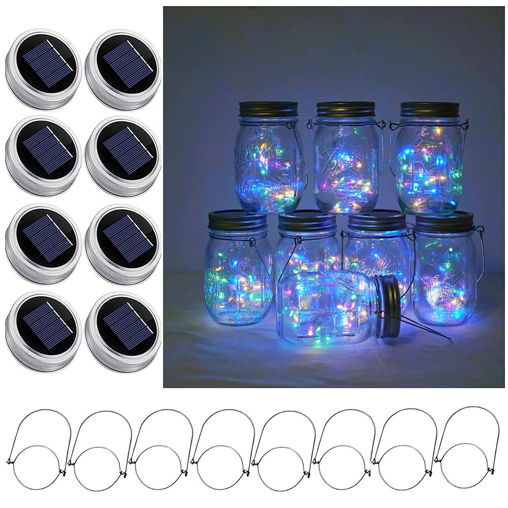 Decorman Solar Mason Jar Lights - 8 Pack Waterproof Fairy String Lights with Star Firefly Lids & Hangers for Outdoor Garden, Patio, Wedding, Christmas Decor (Jars Not Included) | Perfect for Backyard Parties, Romantic Evenings & Holiday Displays