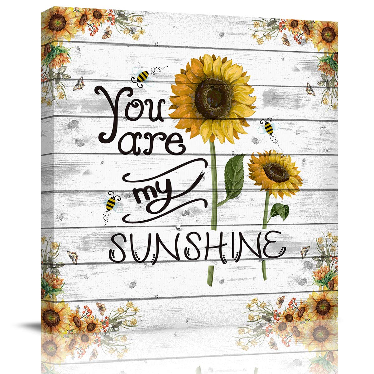 Sunflower Bee Canvas Wall Art - Rustic Wood Grain Bathroom Decor Painting, Framed Ready to Hang for Living Room, Kitchen & Office | Perfect for Farmhouse, Cottage & Boho Home Decor Styles