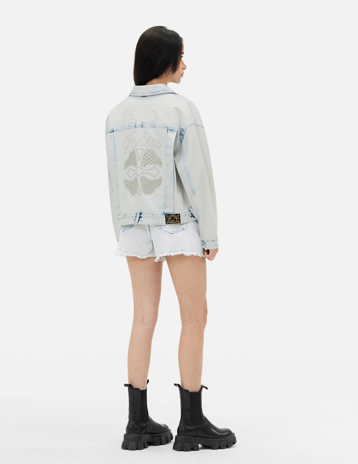 Vintage Bleach Washed Denim Jacket with Kamon Embroidery - Slim Fit Fashion Jacket for Men & Women | Perfect for Casual Outfits, Streetwear & Retro Style