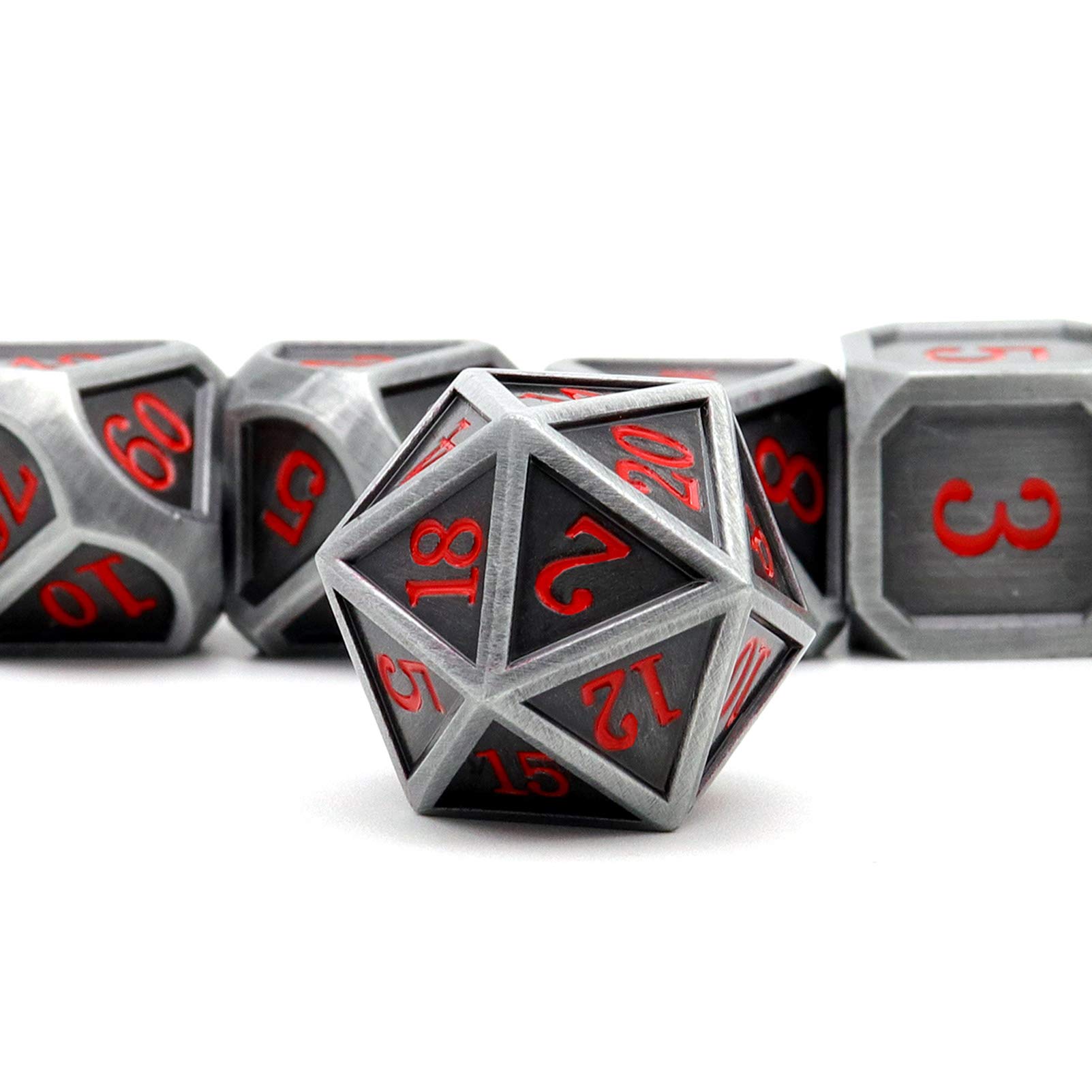 Haxtec 7-Piece Ancient Silver Metal DND Dice Set - Large Rounded Antique Iron RPG Dice with Red Numbers for Dungeons & Dragons, Pathfinder, TTRPG Games - Perfect for Tabletop Roleplaying, Game Nights & Fantasy Gifts (Standard Size)
