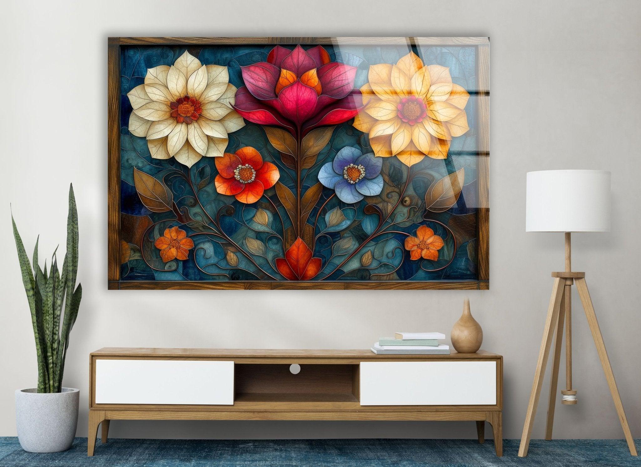 Art Nouveau Flowers Glass Wall Art - Handmade Stained Glass Decor for Home & Office - Perfect for Living Room, Bedroom, or Gift