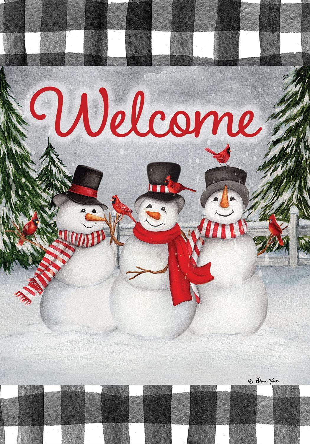 Welcome Snowman Trio Garden Flag - Outdoor Winter Holiday Decoration for Yard, Porch & Seasonal Festive Decor