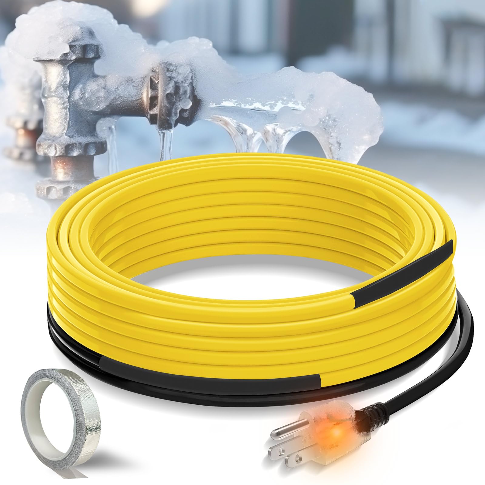 45 Feet Self-Regulating Pipe Heat Cable - Freeze Protection for Metal & Plastic Water Pipes | 120V Anti-Freeze Heating System with 6ft Power Cord by YeloDeer | Ideal for Basement, Outdoor & RV Pipe Winterization