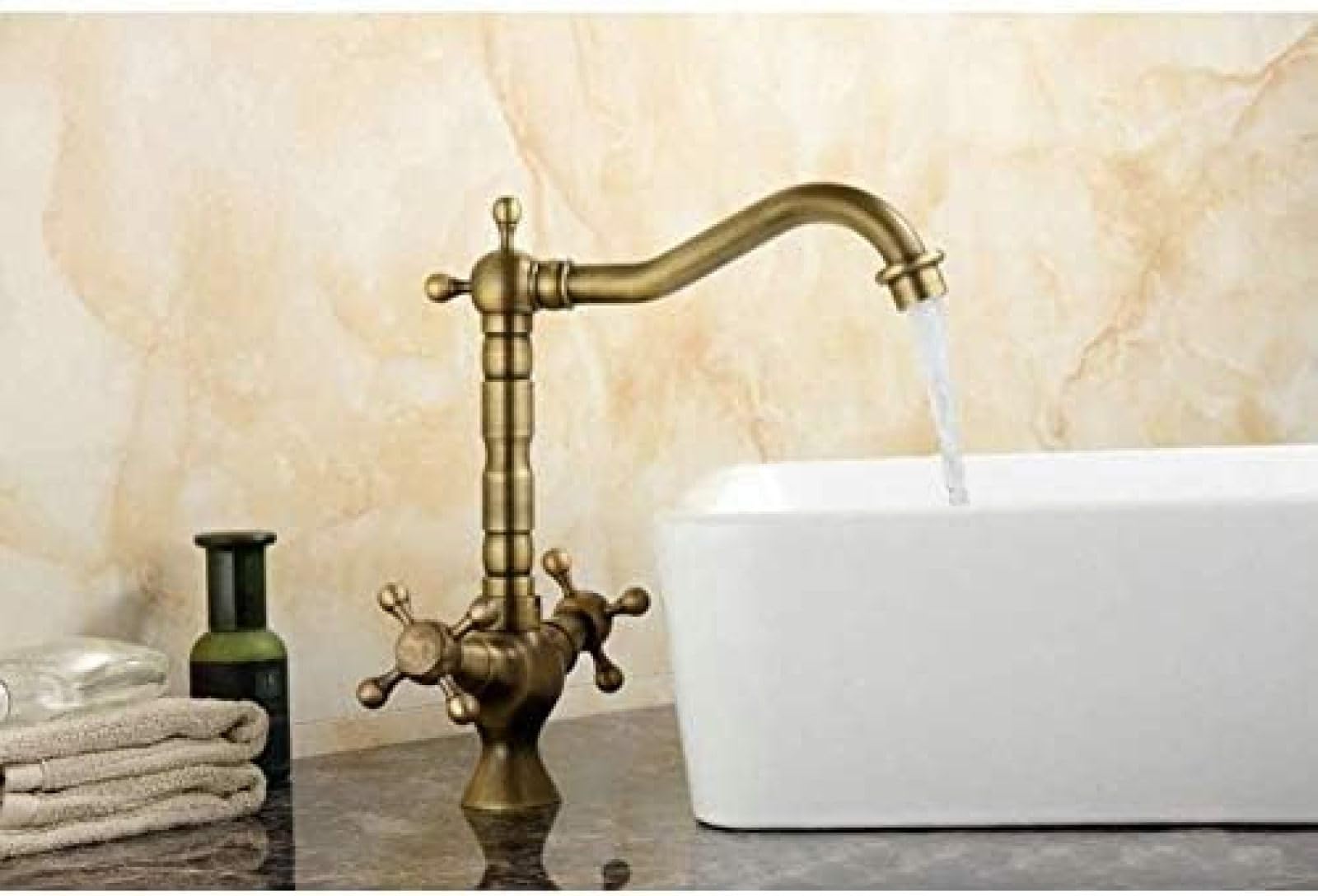 CRJUS Antique Brass Kitchen Faucet - Double Handle Hot & Cold Water Mixer Tap with 360° Rotation & High Spout - Perfect for Farmhouse, Vintage, and Rustic Style Kitchens (Sink Faucet for Modern & Traditional Homes)
