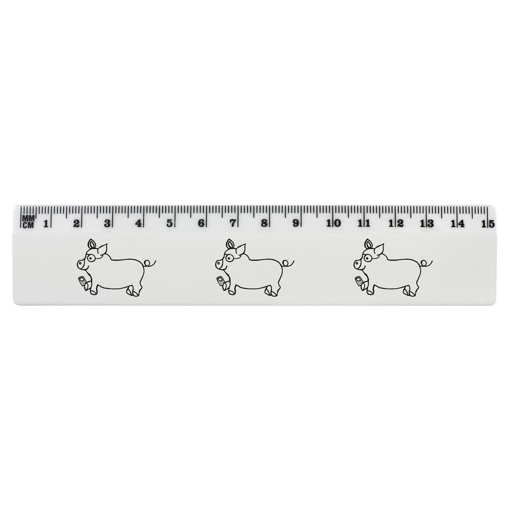 Azeeda 6-Inch White Plastic Ruler with Pig and Mobile Phone Design - Fun Office & School Supplies for Students, Teachers, and Artists (RL00068247) - Perfect for Measuring, Drawing, and Creative Projects